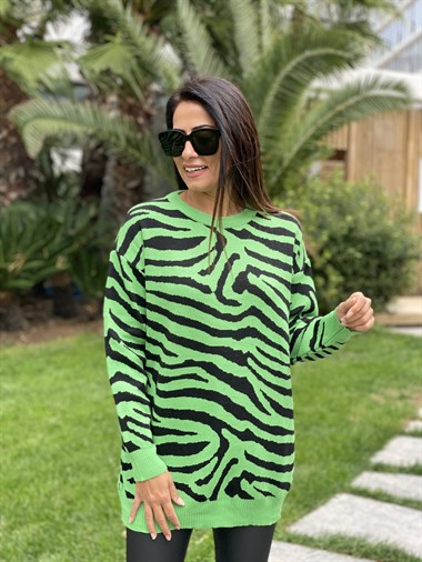 Yeşil Zebra Desen Bisiklet Yaka Kadın Triko Kazak