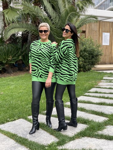 Yeşil Zebra Desen Bisiklet Yaka Kadın Triko Kazak