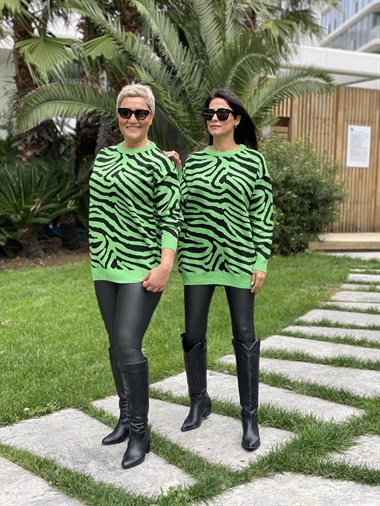 Yeşil Zebra Desen Bisiklet Yaka Kadın Triko Kazak