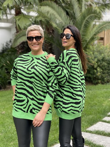 Yeşil Zebra Desen Bisiklet Yaka Kadın Triko Kazak