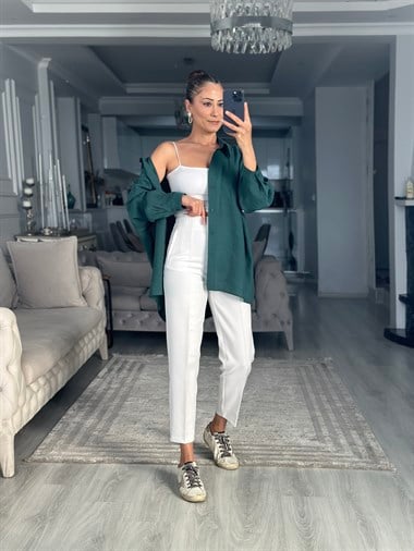 Zümrüt Düşük Omuzlu Oversize Kadın Gömlek
