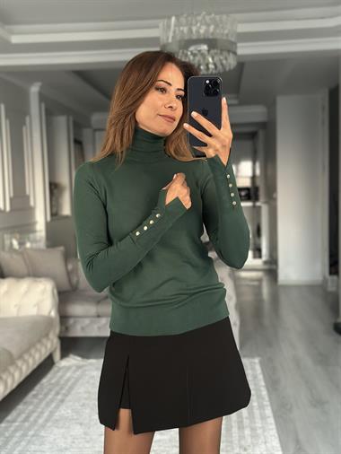 Zümrüt Yeşili Balıkçı Yaka Kolu Droplu Kadın Triko Kazak