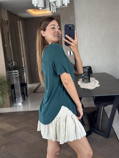 Petrol Yeşili Bisiklet Yaka  Kolu Ve Eteği Lazer Kesim Kadın T-Shirt