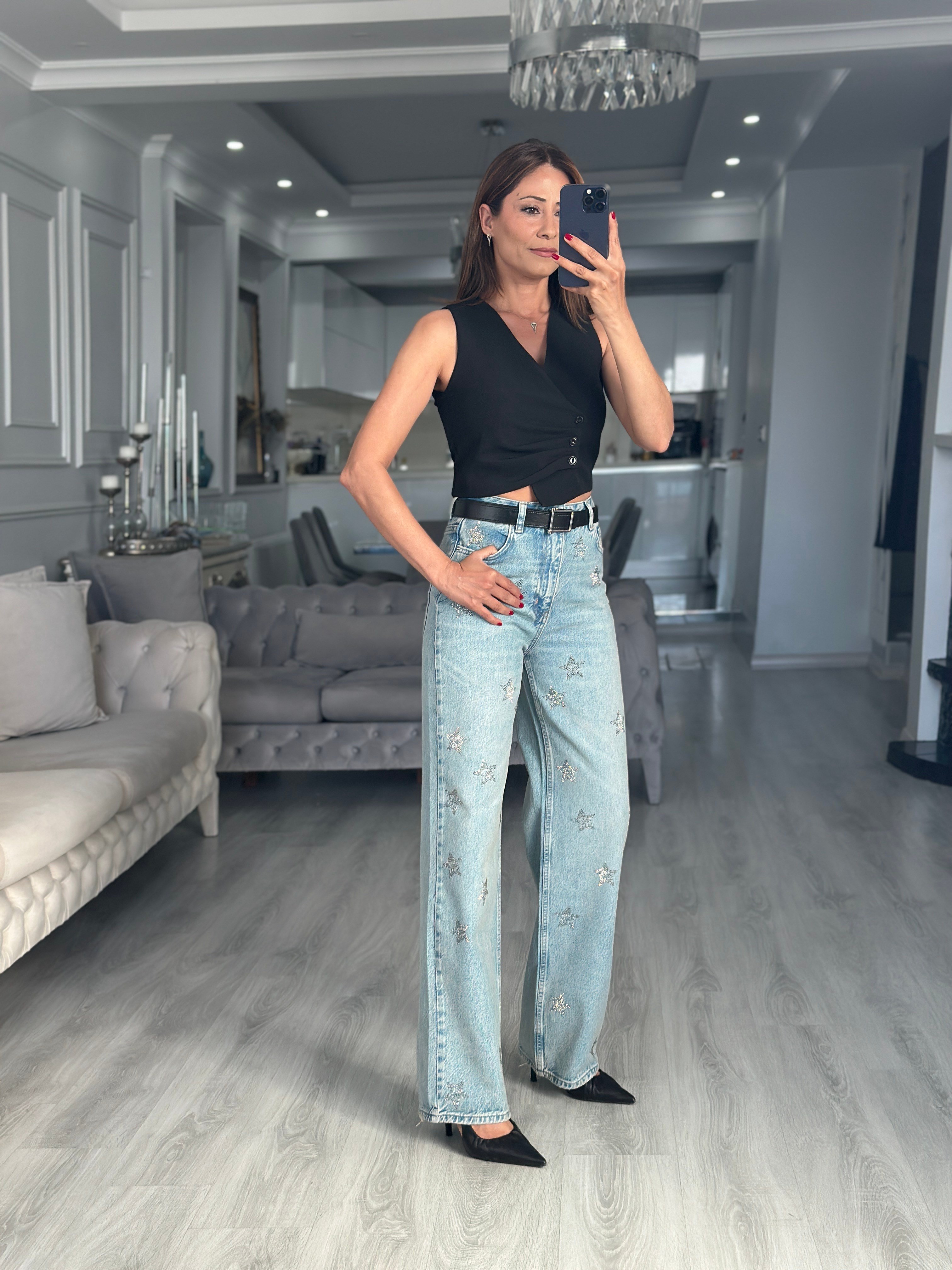 Açık Mavi Yıldız Taşlı Wide Leg Kadın Jean Pantolon