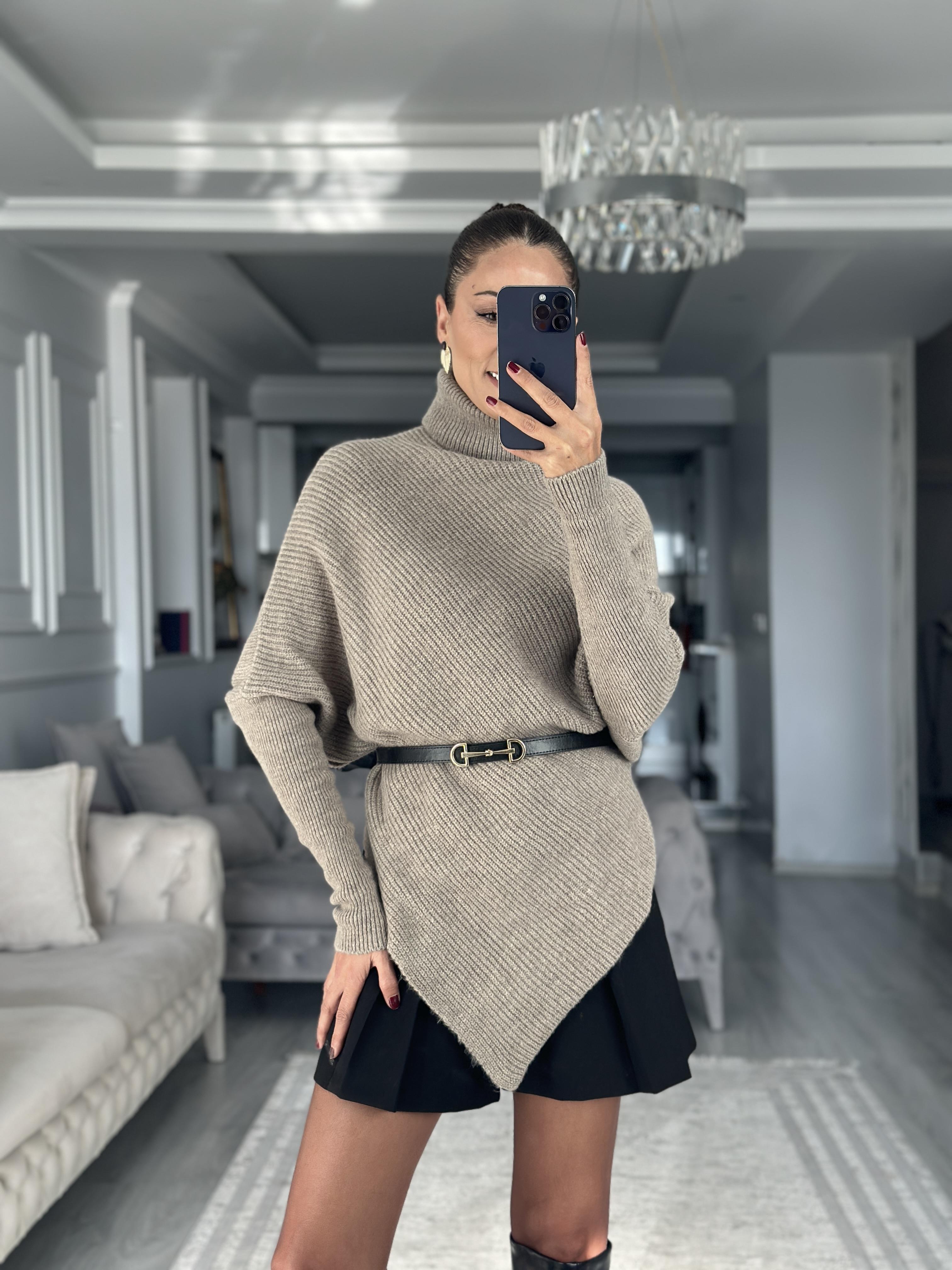 Açık Vizon Boğazlı Panço Kesim Kadın Triko Kazak