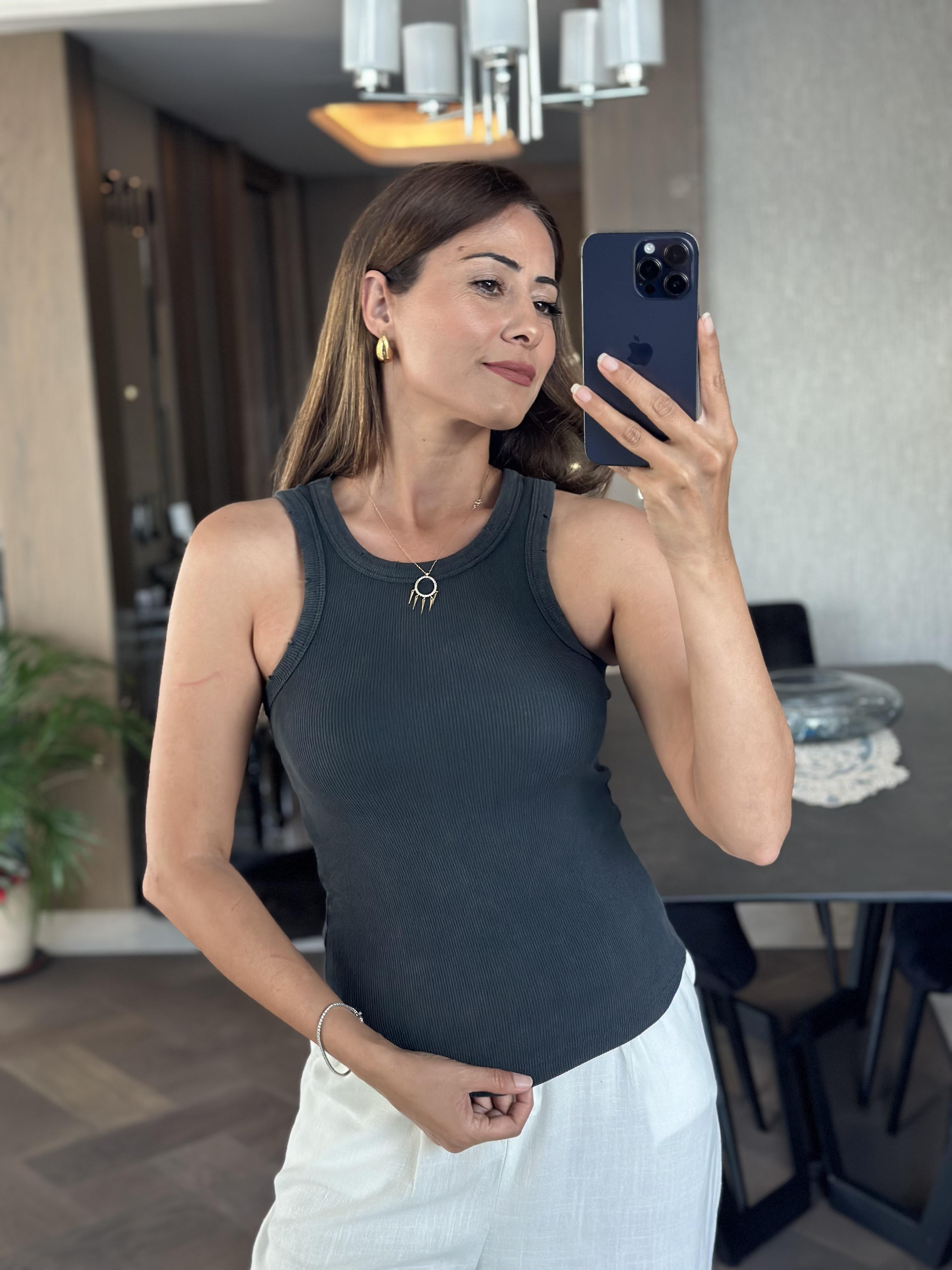 Antrasit Arkası Dikiş Detay Yıkamalı Halter Yaka Kadın Kaşkorse Body