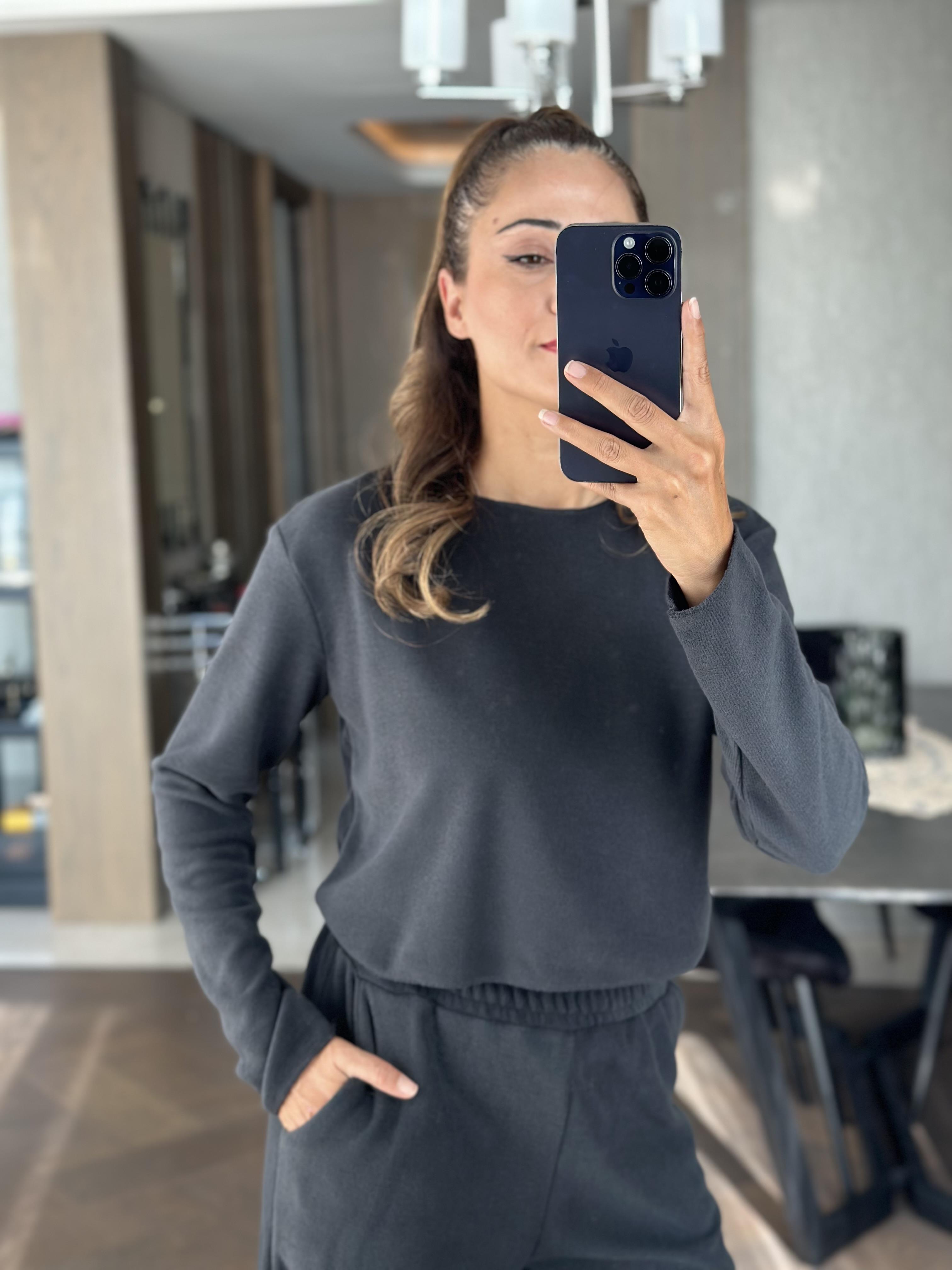 Antrasit Bisiklet Yaka Paçası Dikiş Detay Yumoş Dokulu Kadın İkili Takım