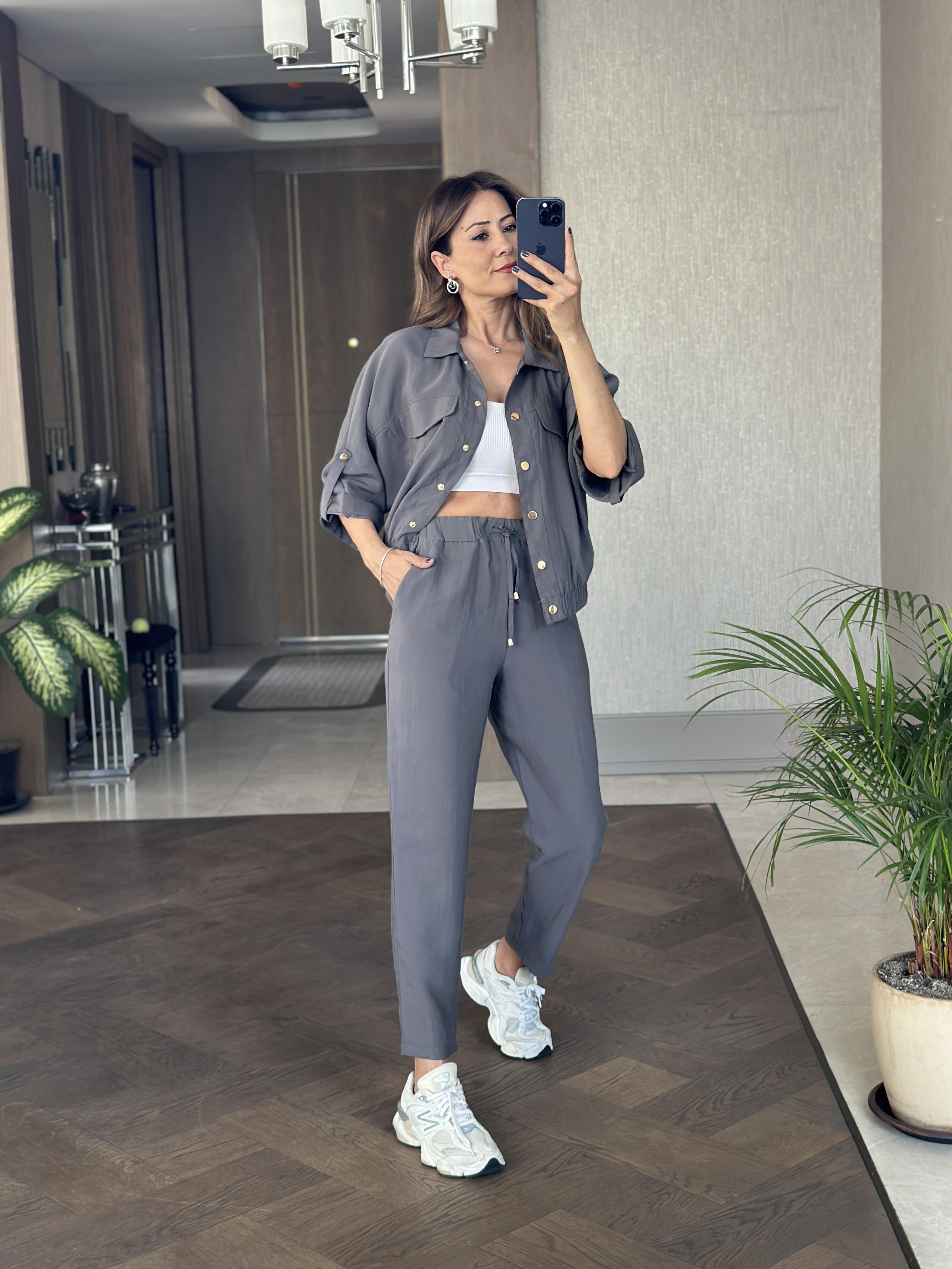 Antrasit Bomber Ceket Pantolon Kadın İkili Takım