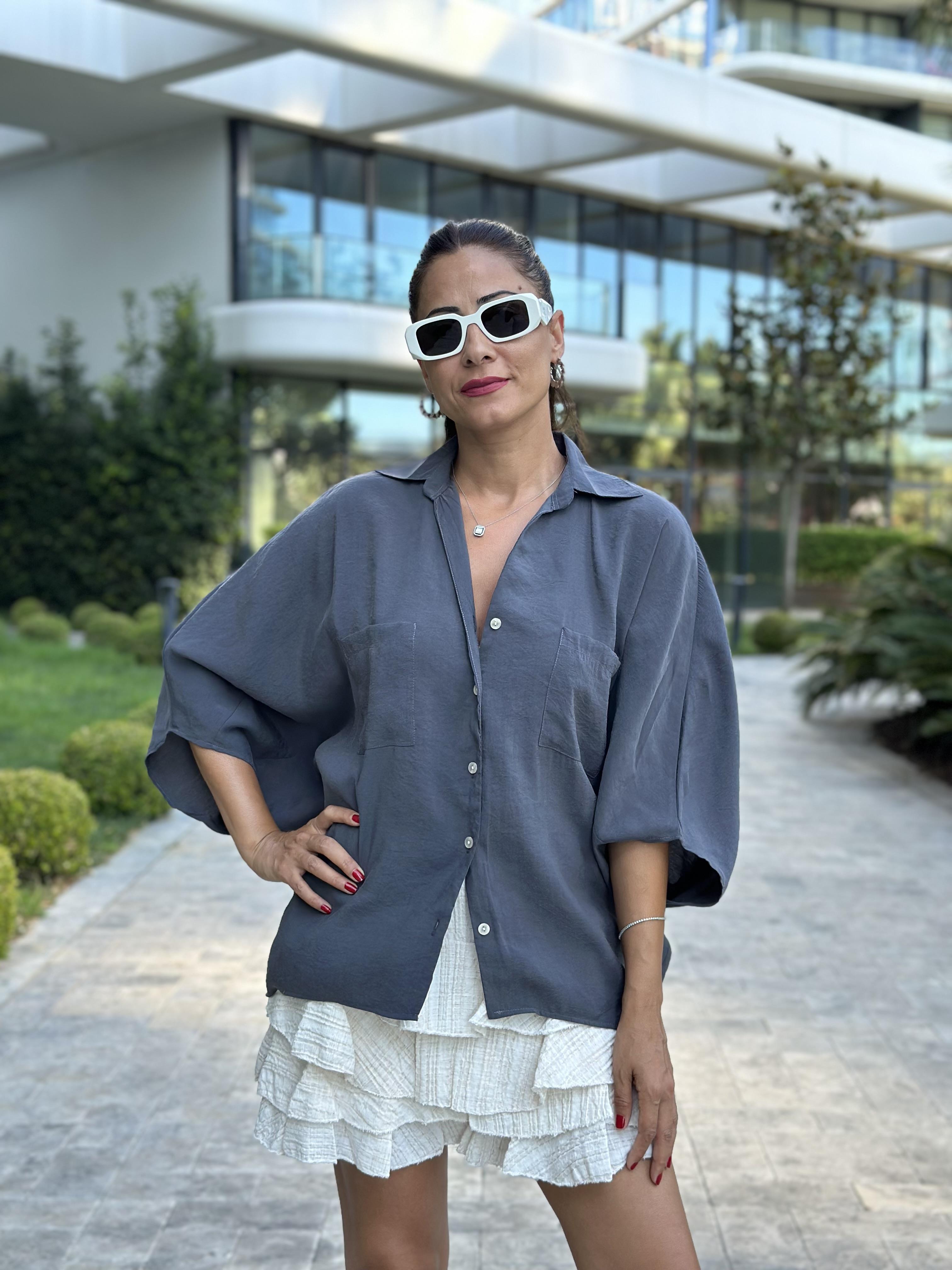 Antrasit Çift Cepli Yarasa Kol Tnsel Kadın Gömlek