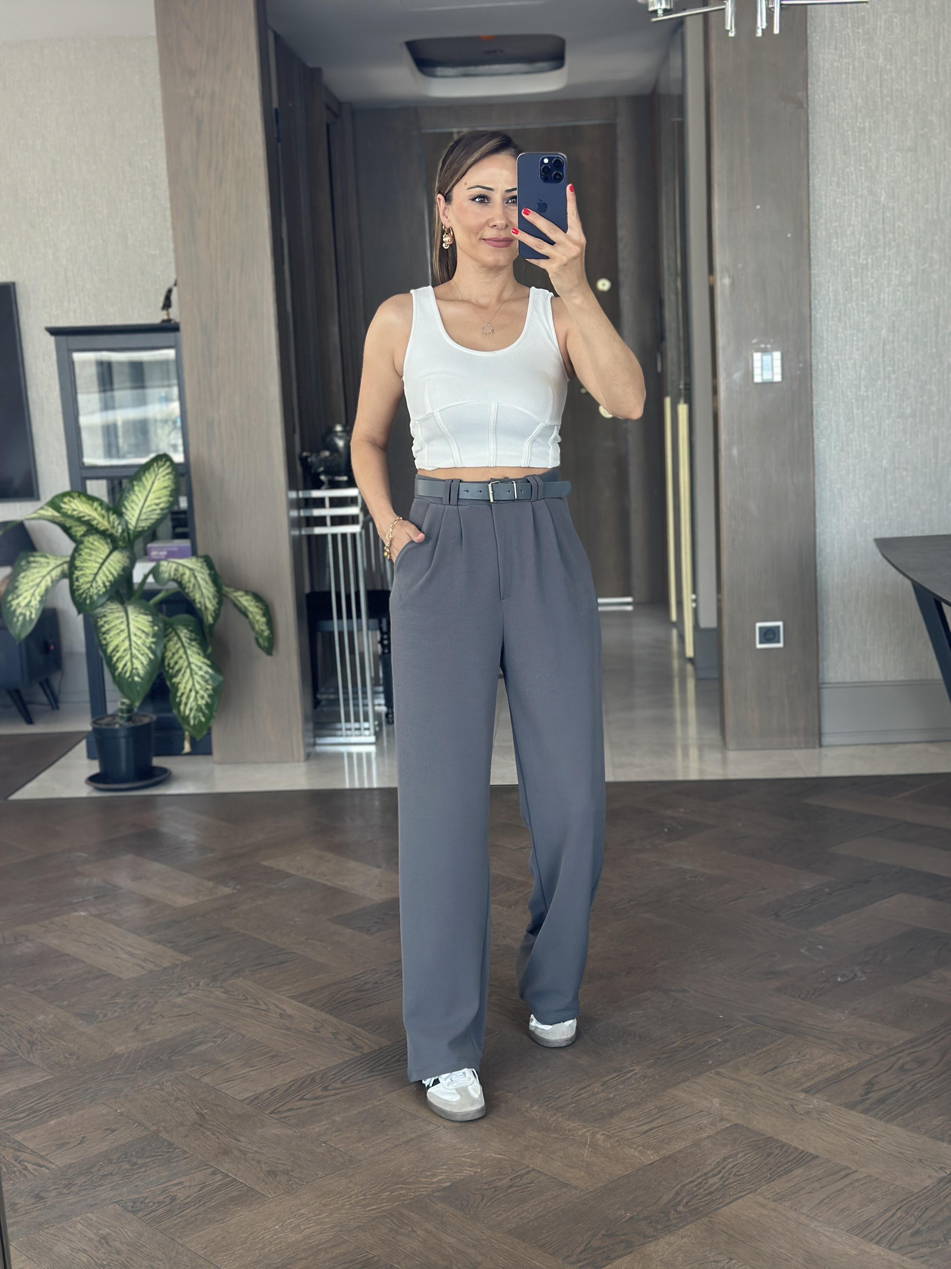 Antrasit Çift Pileli Kemerli Likralı Krep Kadın Pantolon