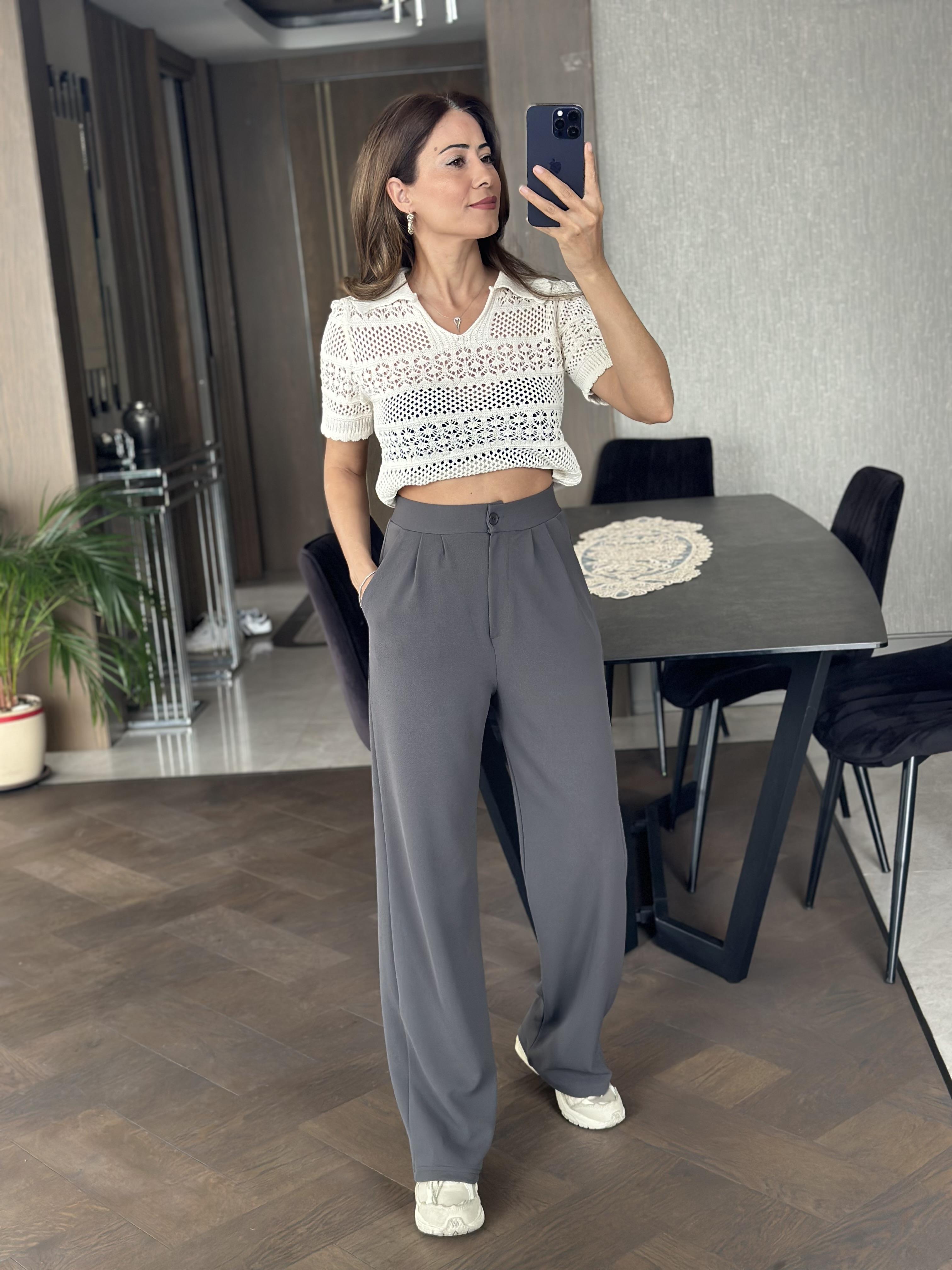 Antrasit Çift Pileli  Likralı Krep Palazzo Kadın Pantolon