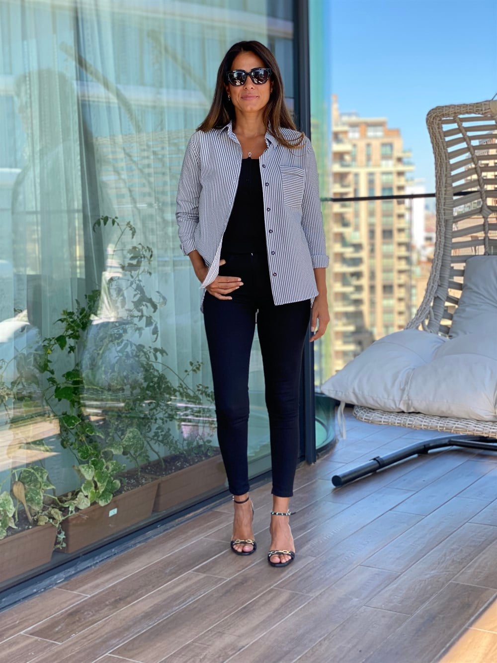 Antrasit Çizgili Gofre Kadın Gömlek