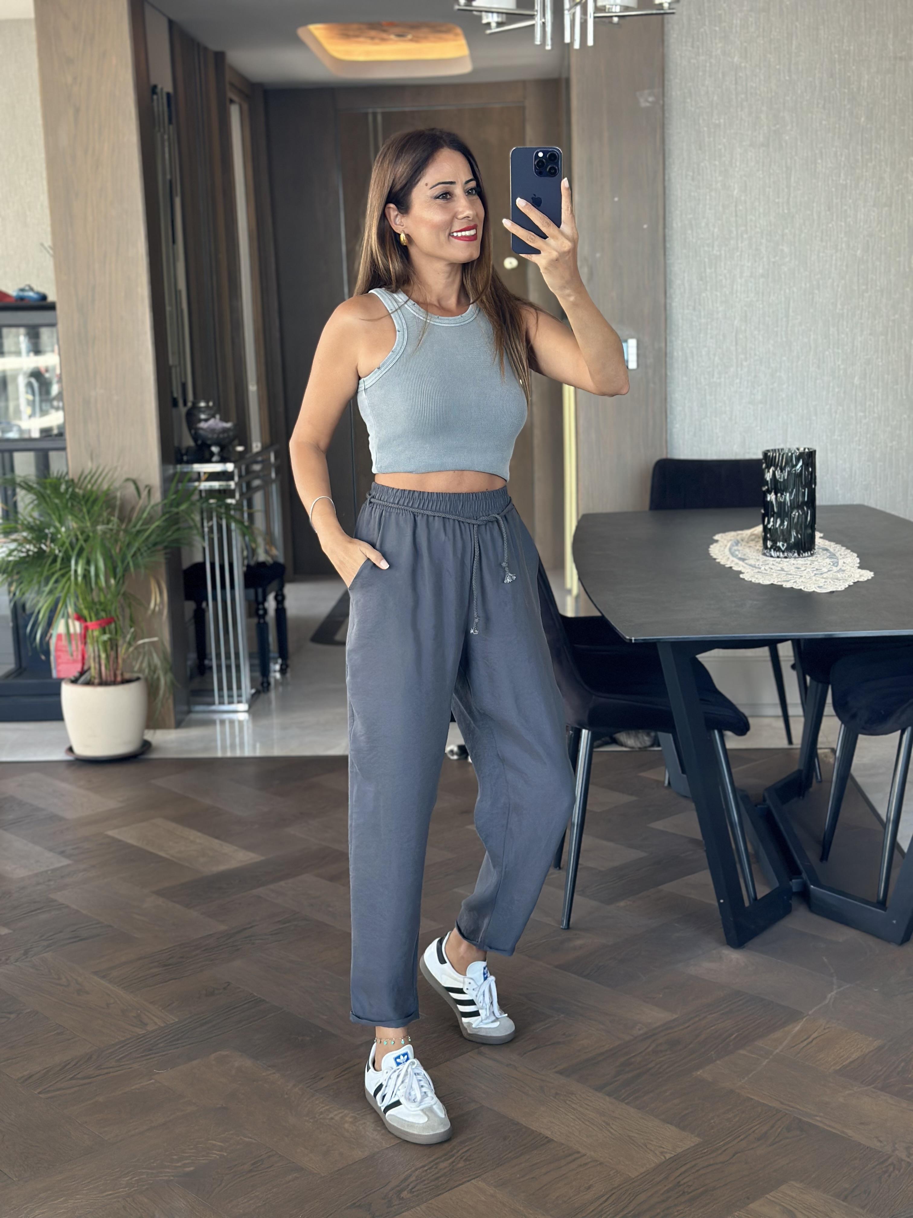 Antrasit Duble Paça Örgü Kemerli Tnsel Kadın Pantolon