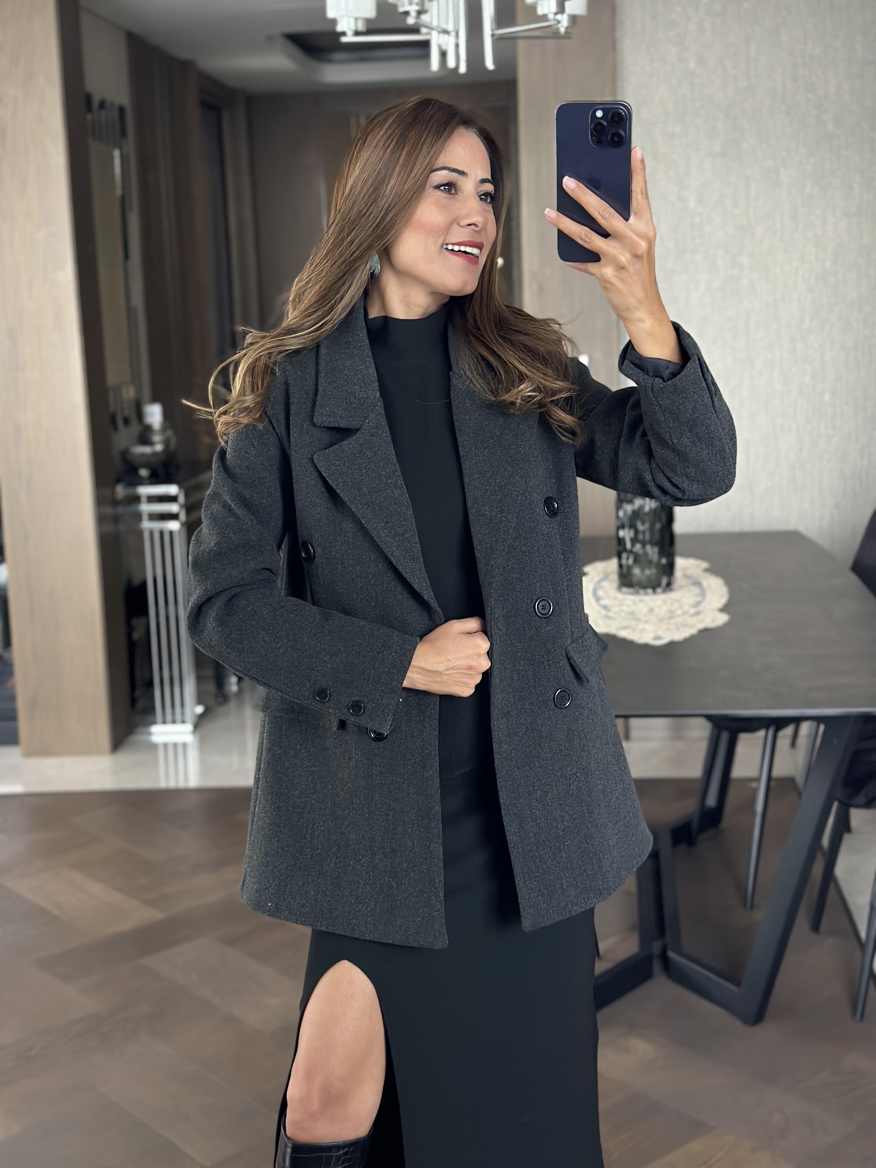 Antrasit Düğmeli Kaşe Blazer Kadın Ceket