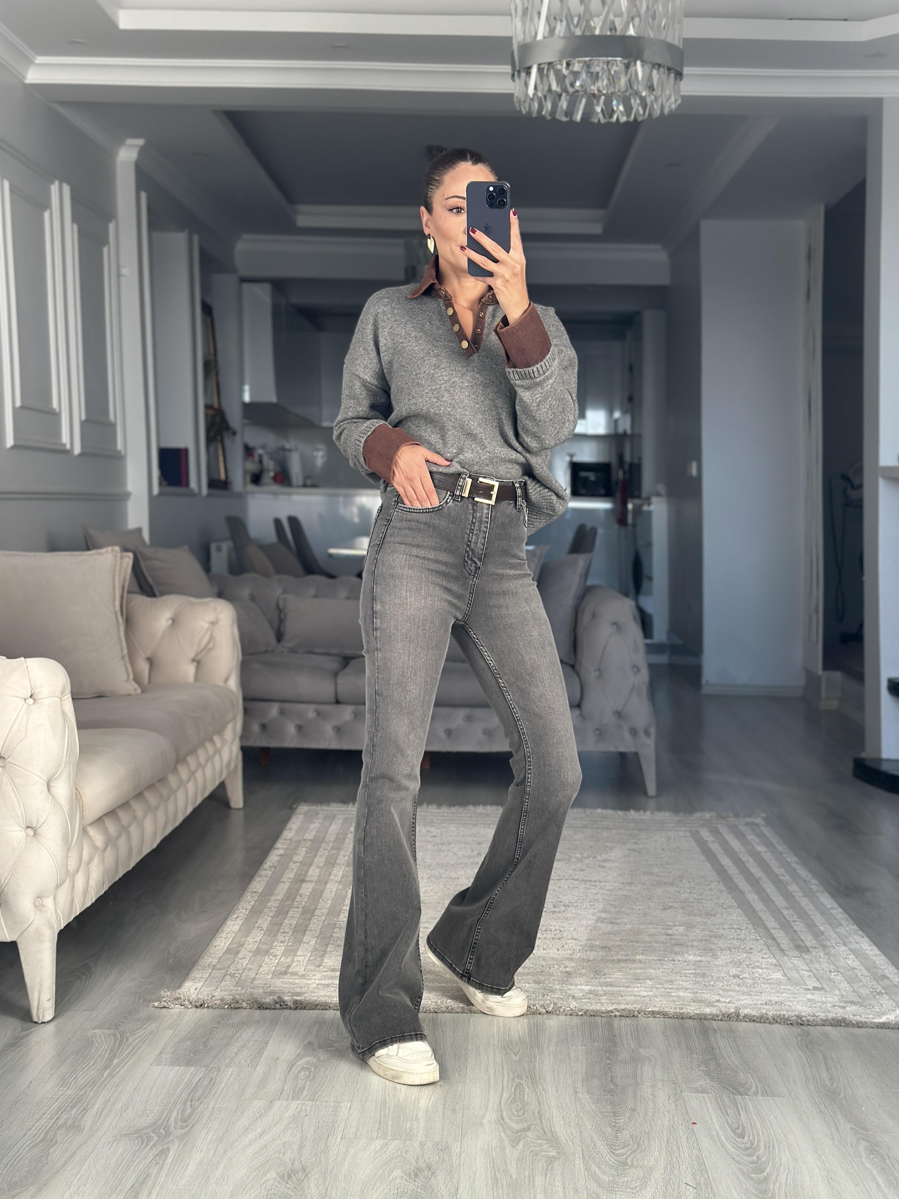 Antrasit Lacarino Likralı İspanyol Paça Kadın Jean Pantolon