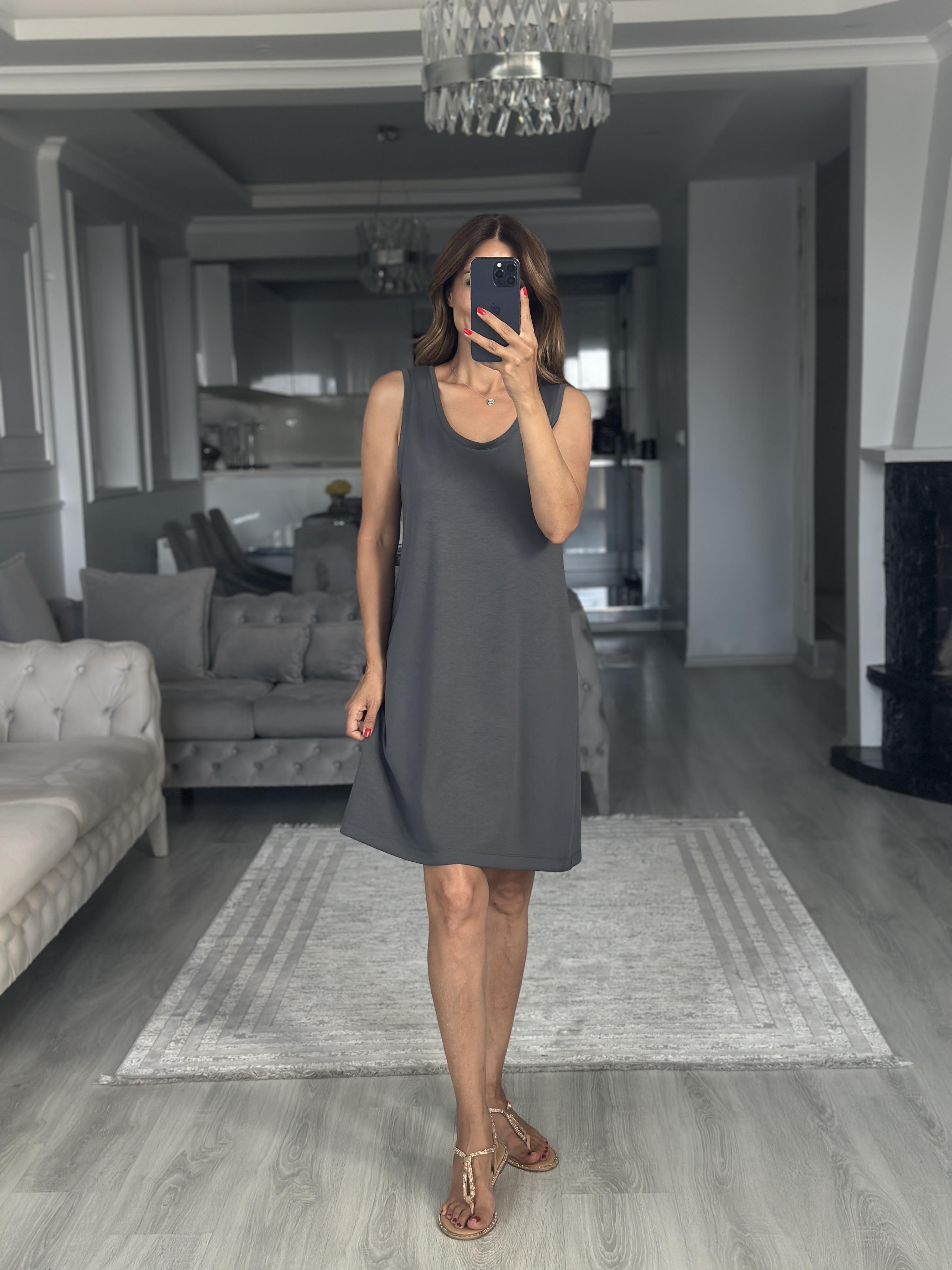 Antrasit Ön Arka U Yaka  Basic Mini Kadın Elbise