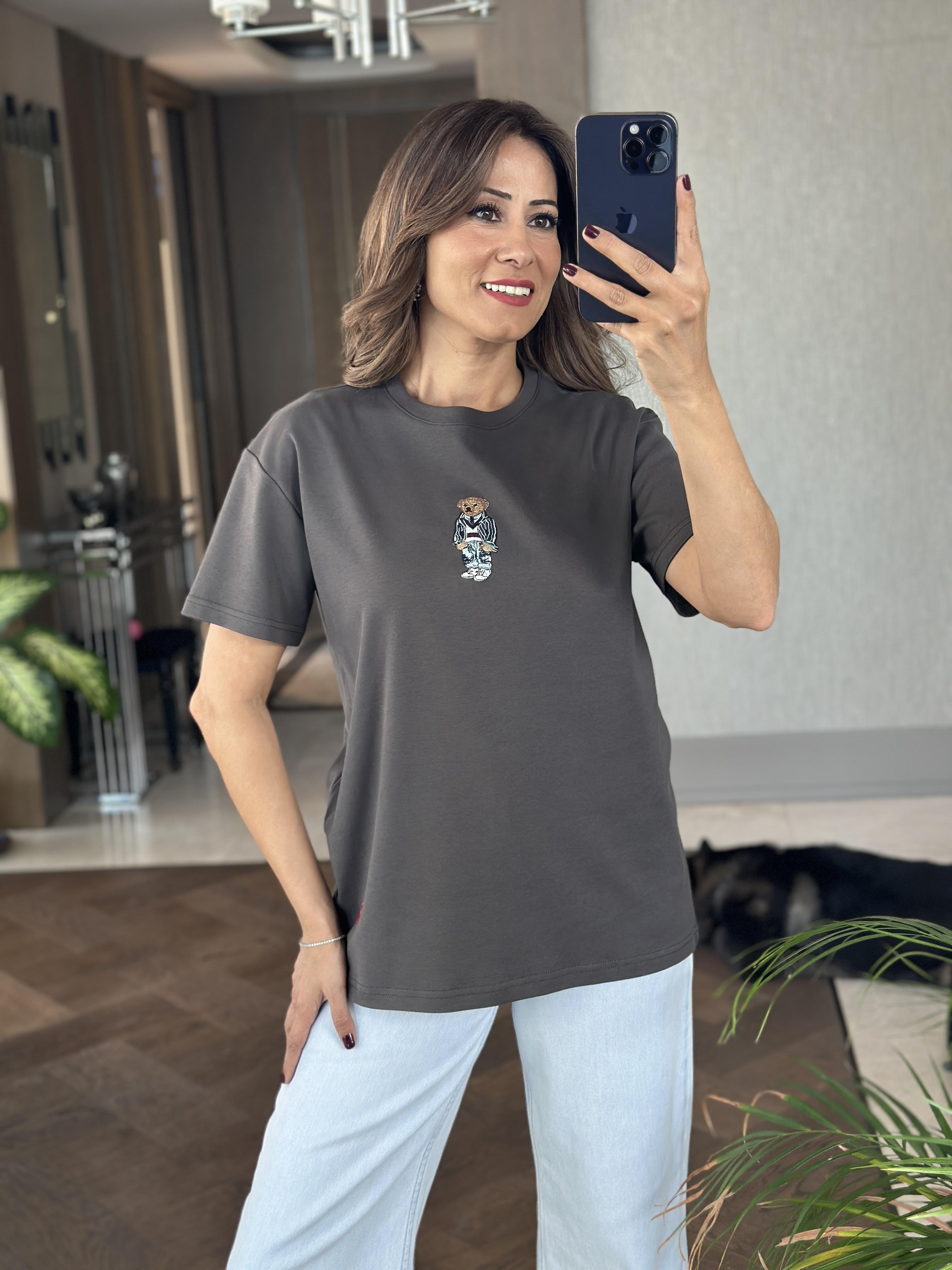 Antrasit Önü Ayıcık RL Model Bisiklet Yaka Kadın T-Shirt