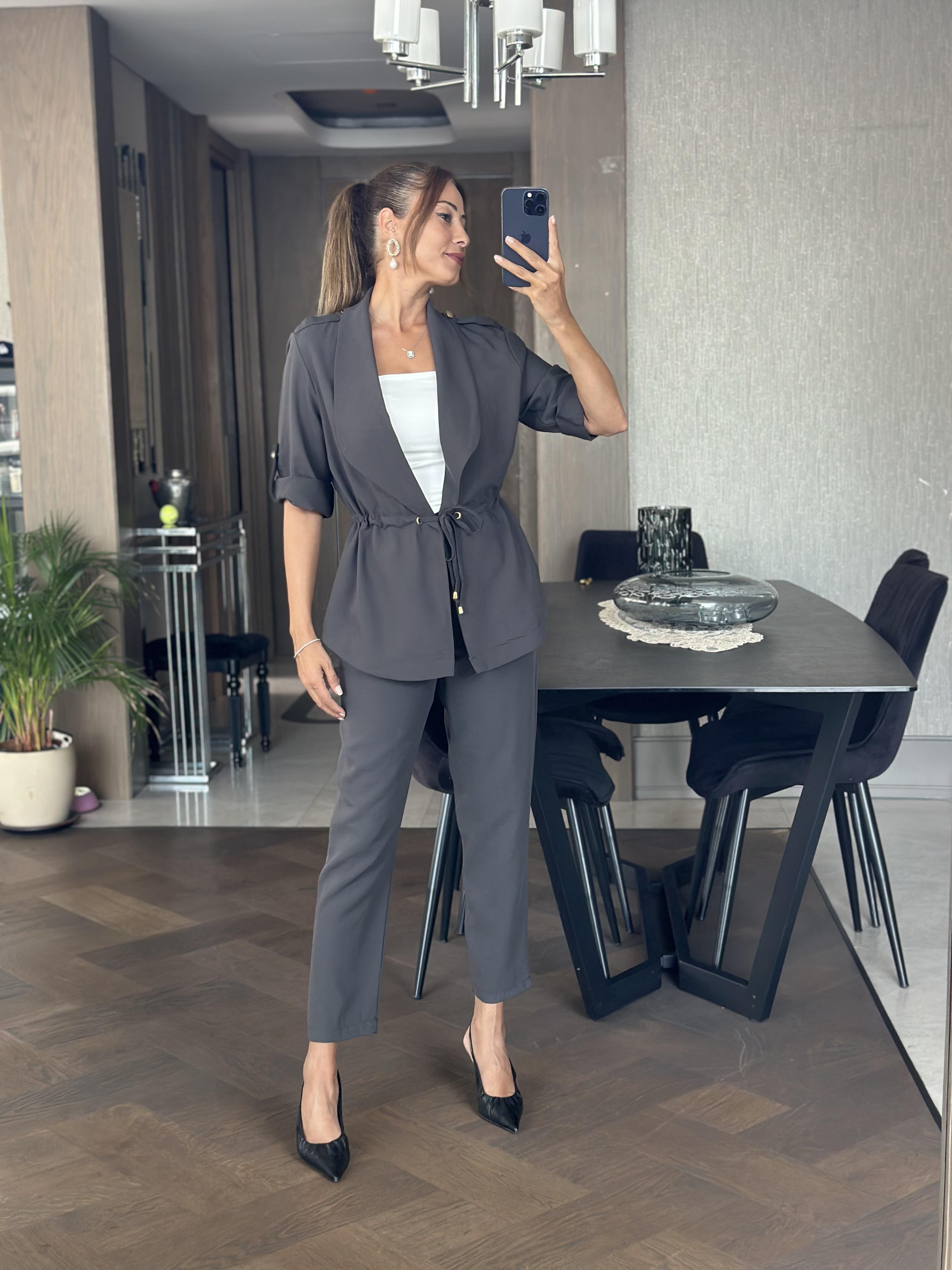 Antrasit Orjinal Marka Bağcık Detay Şal Yaka Ceket Pantolon Kadın Alt Üst Takım