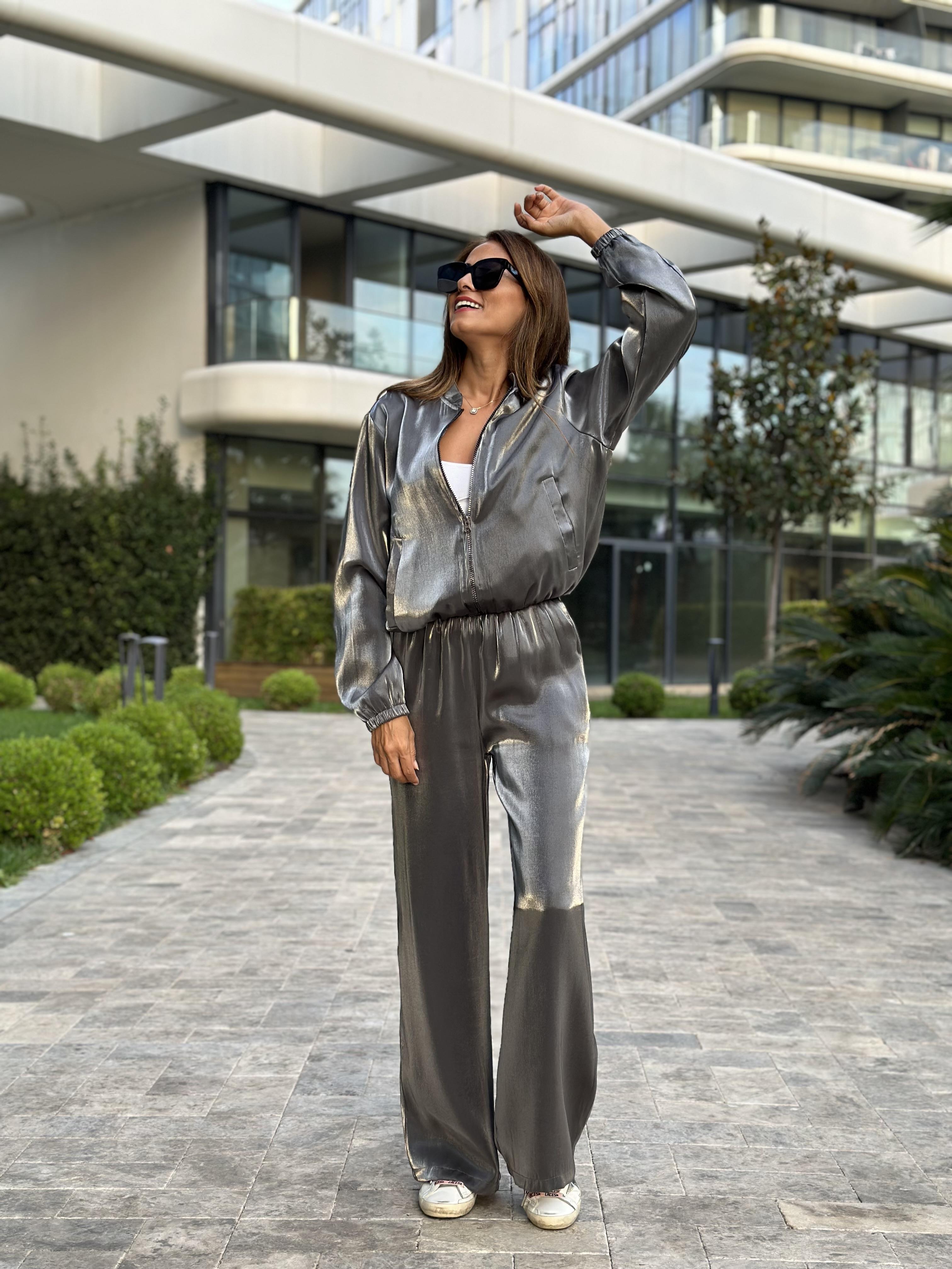 Antrasit Parlak Beli Lastikli Cepli Kadın Pantolon