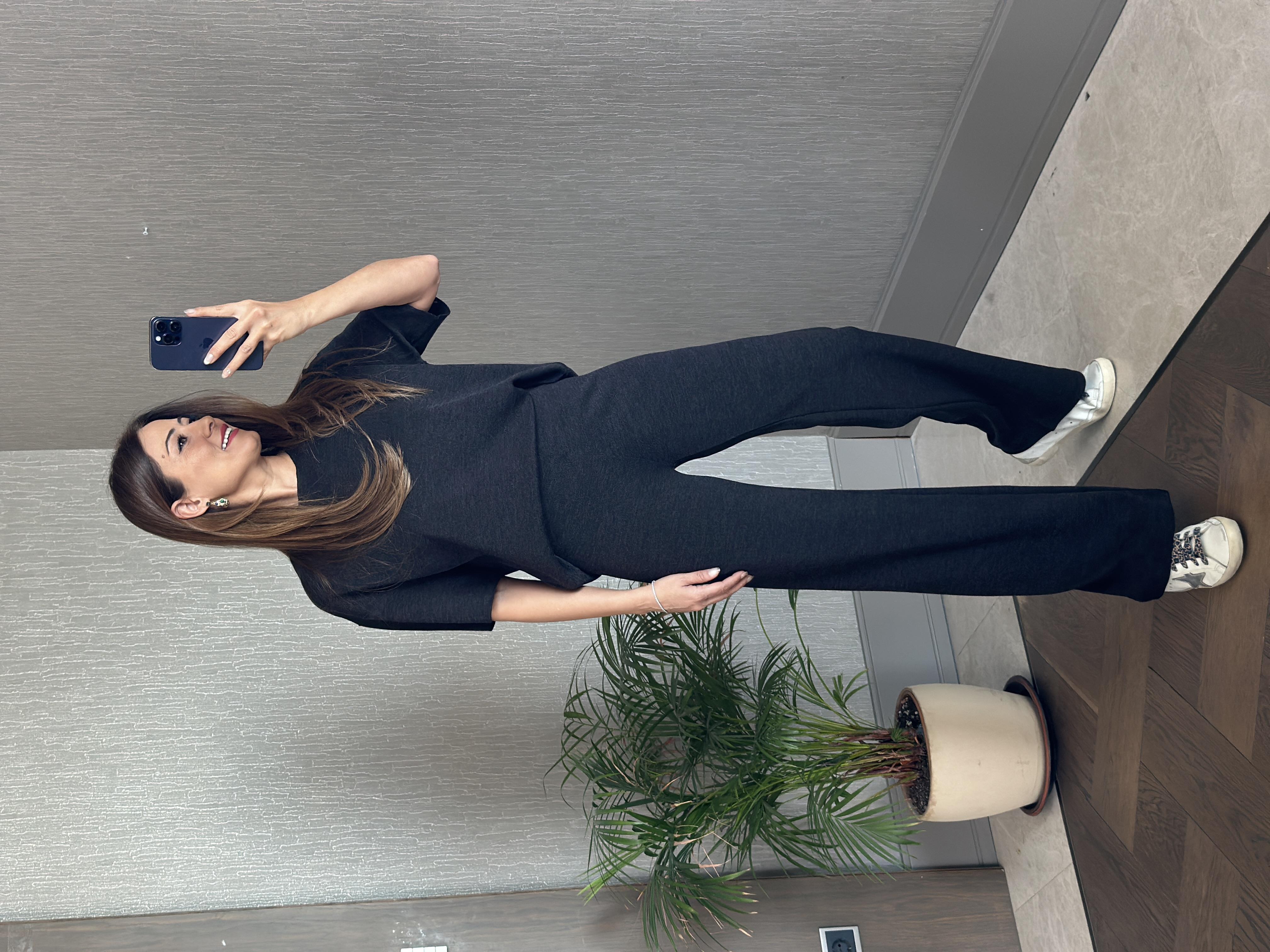 Antrasit Pike Örgü Kısa Kol Bluz Pantolon Kadın Alt Üst Takım