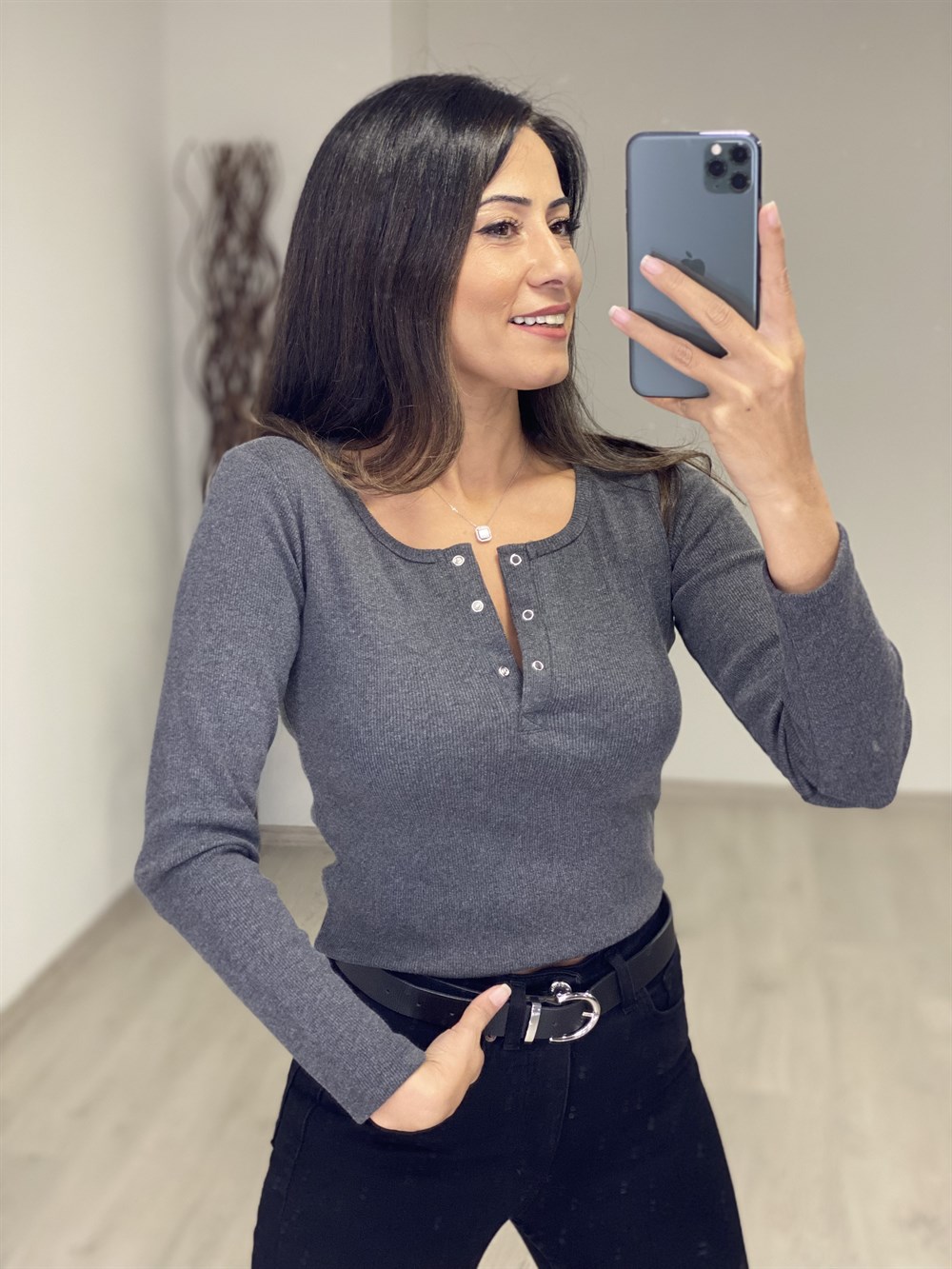 Antrasit Uzun Kol Patlı Kadın Bluz