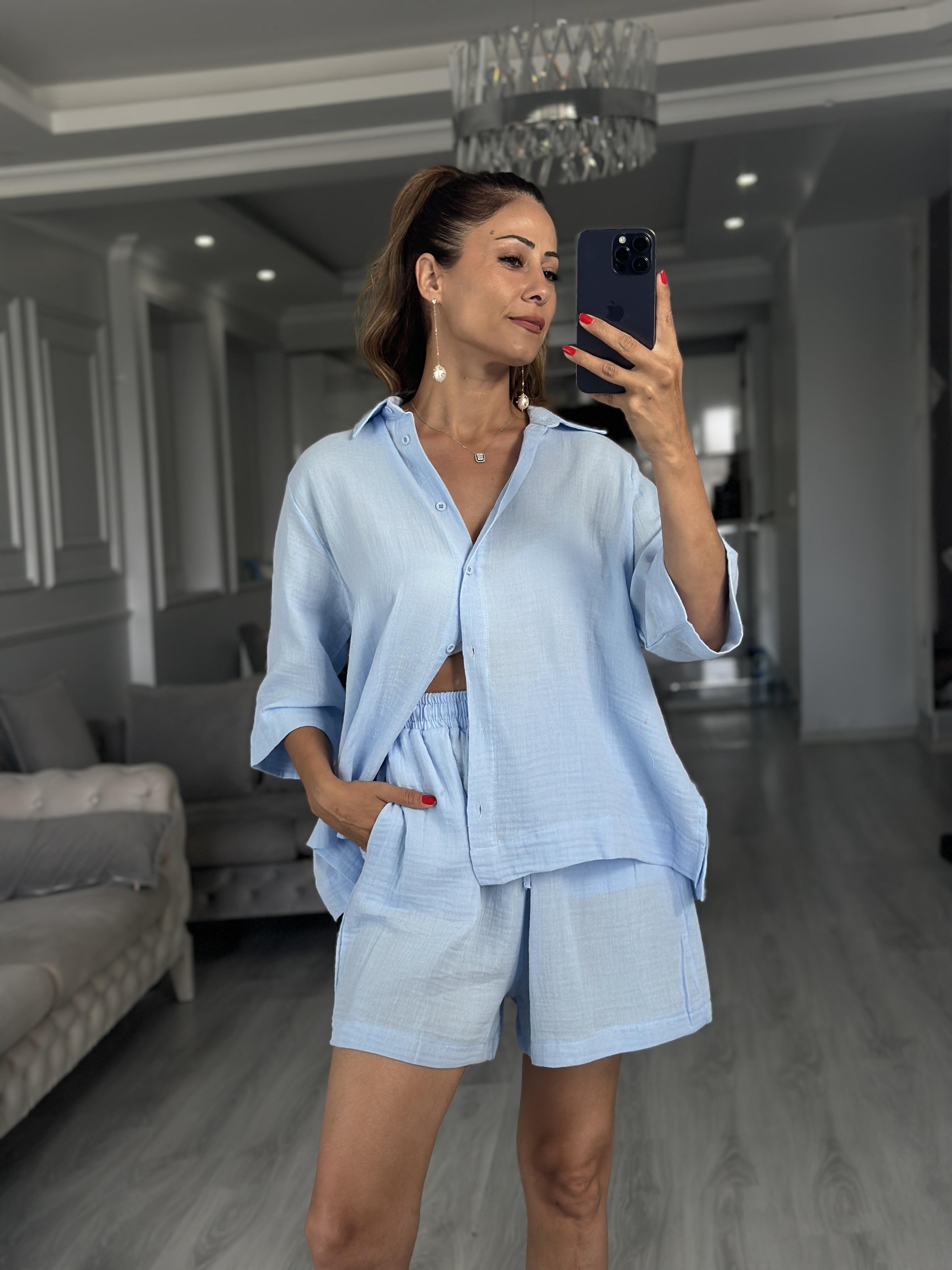 Bebe Mavi Fakir Kol Gömlek Şort Keten Kadın İkili Takım