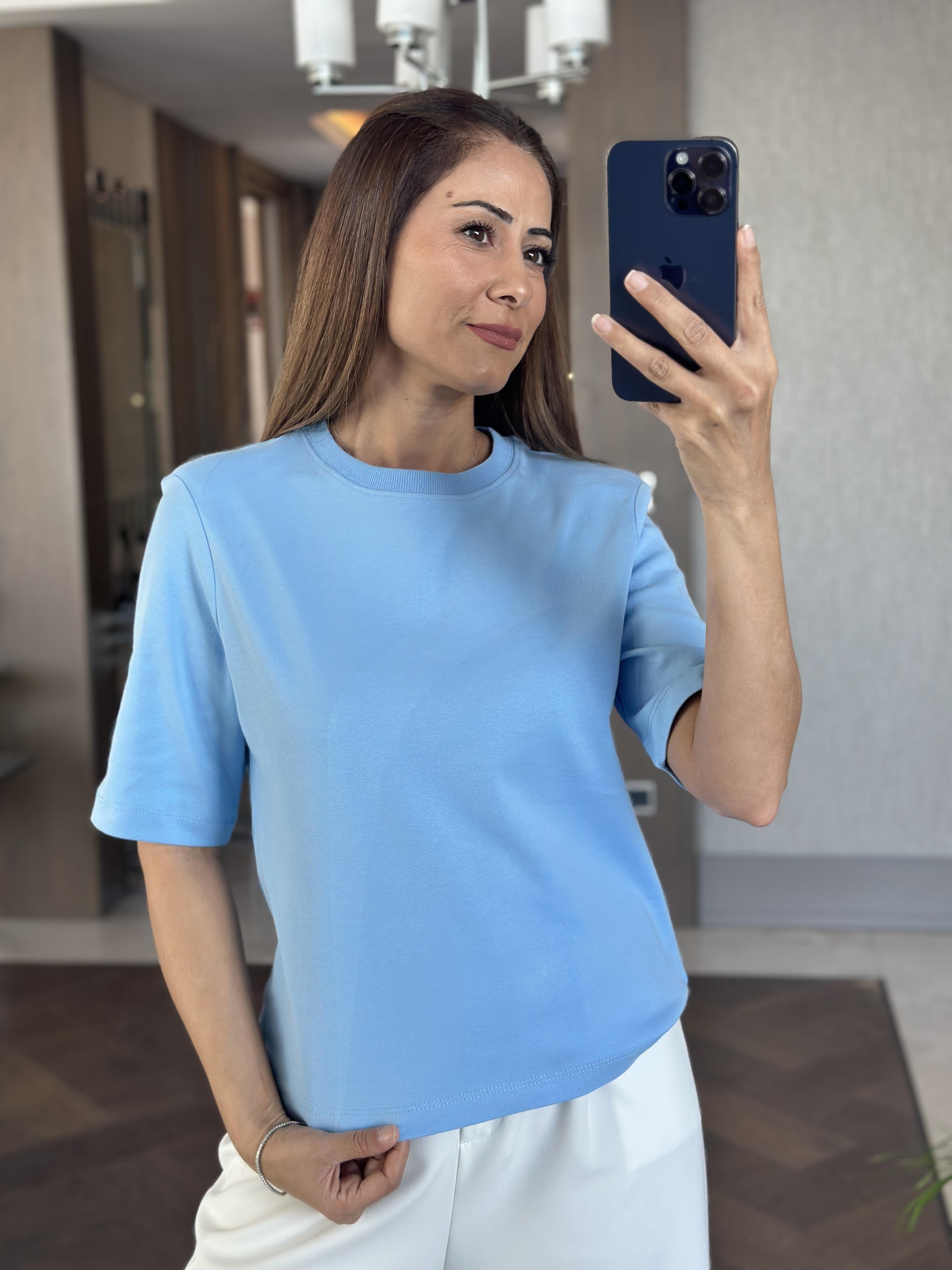 Bebe Mavi Karol Vatkalı Yakası Ribanalı Kısa Kol Kadın T-Shirt