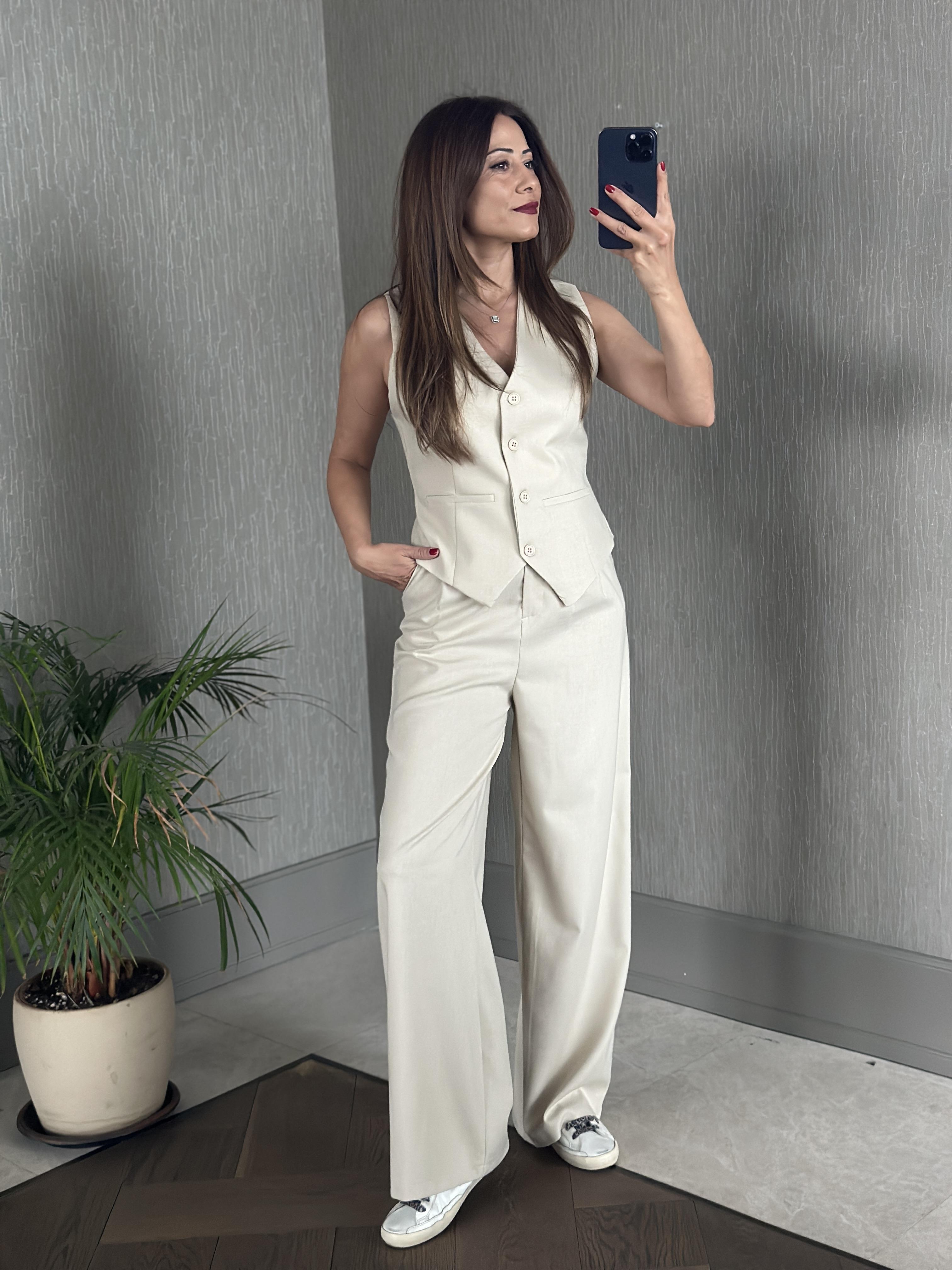 Bej Bezayağı Yelek Pantolon Kadın Keten Alt Üst Takım