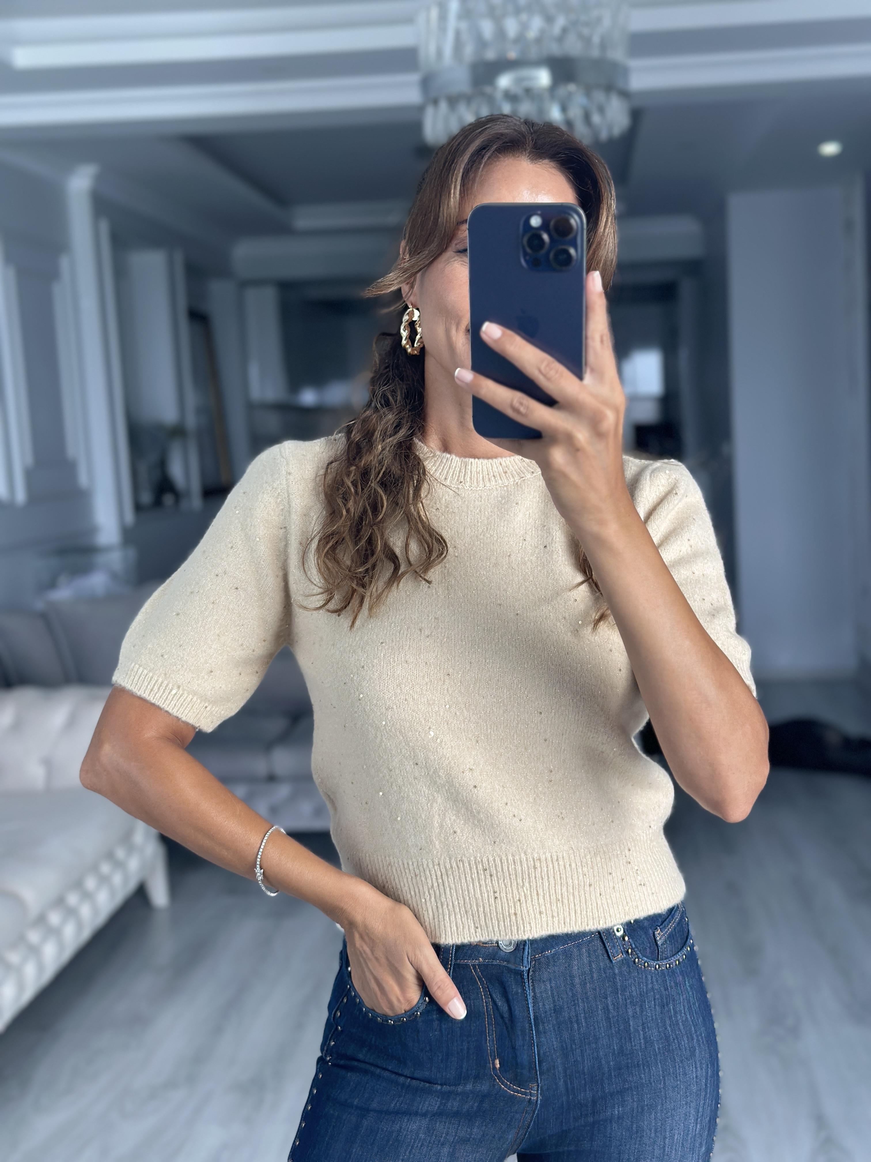 Bej Bisiklet Yaka Kısa Kol Pullu Simli Kadın Kazak