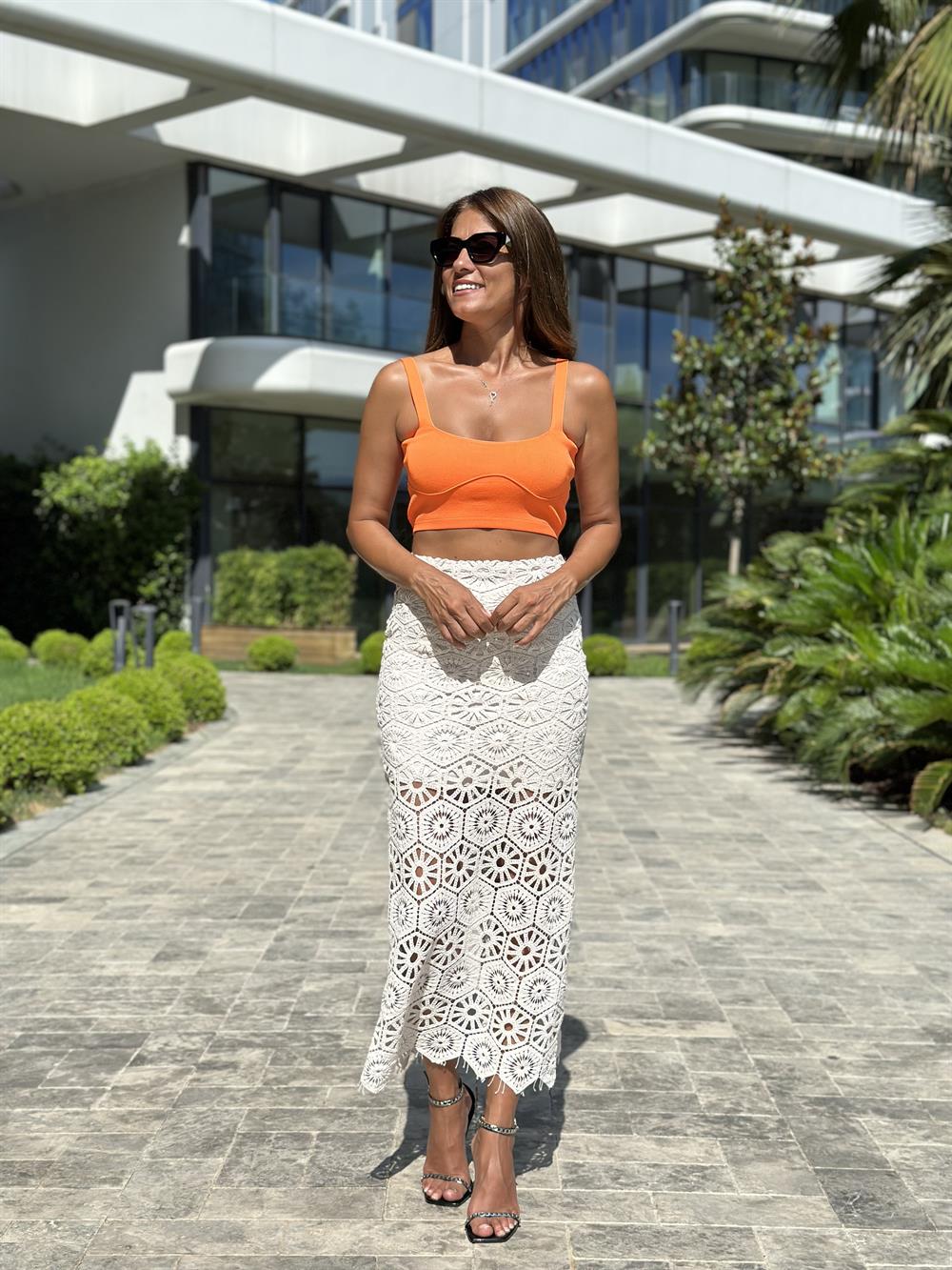 Bej Güpür Mini Astarlı Kadın Etek