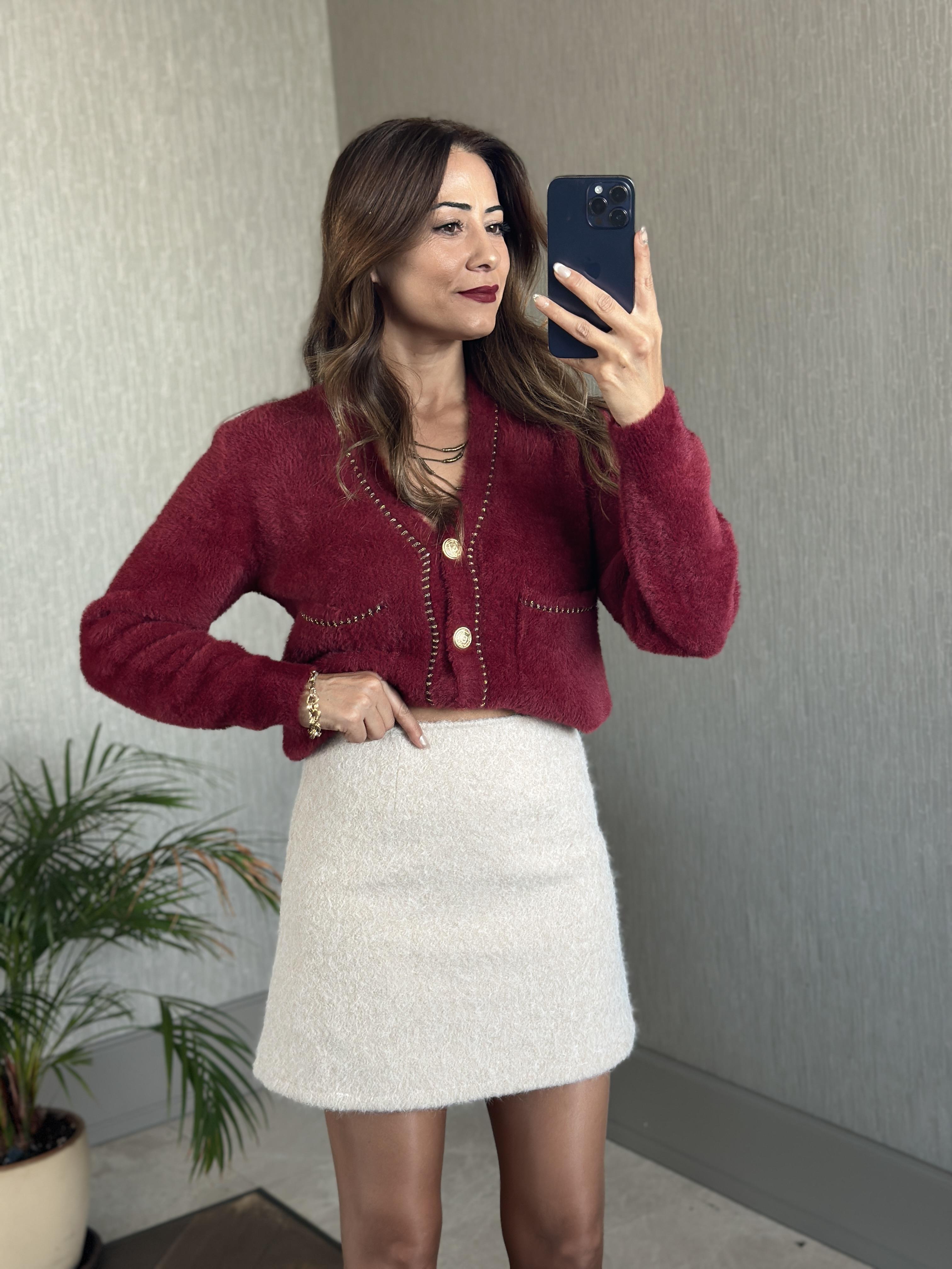 Bej Kırçıllı Kaşe Arkası Fermuarlı Astarlı Kadın Mini Etek