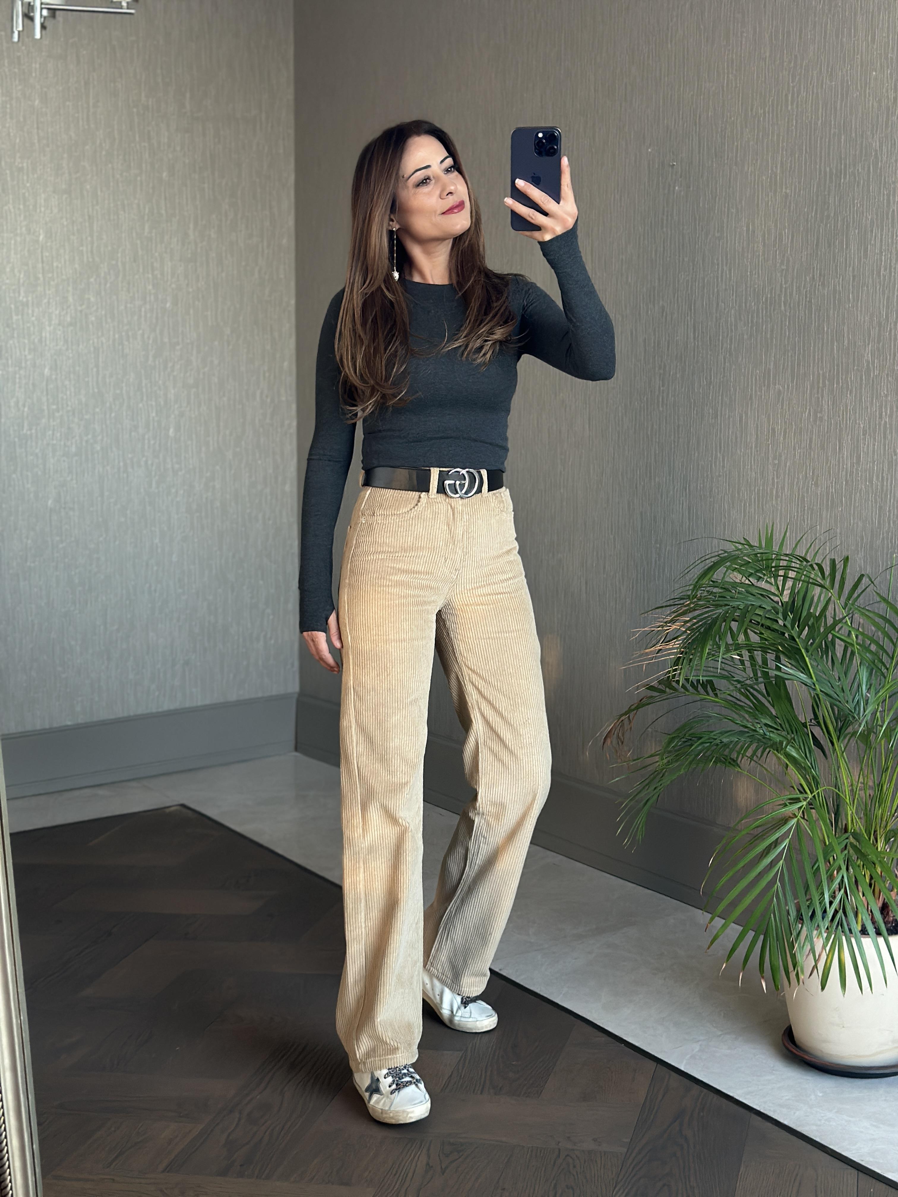 Bej Marka Model Straight Fitilli Kadın Kadife Pantolon