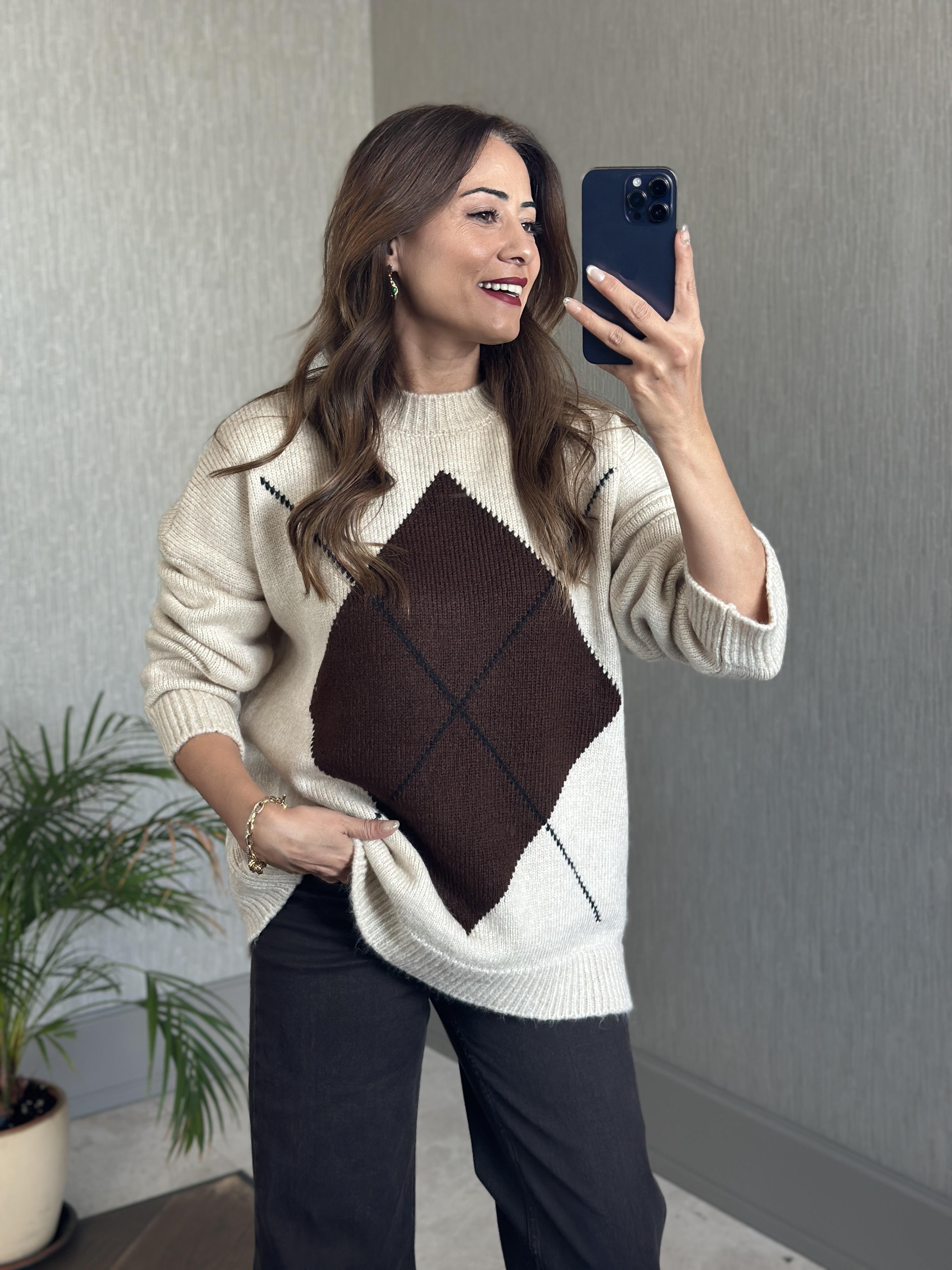 Bej Önü Tek Baklava Desen Kadın Triko Kazak