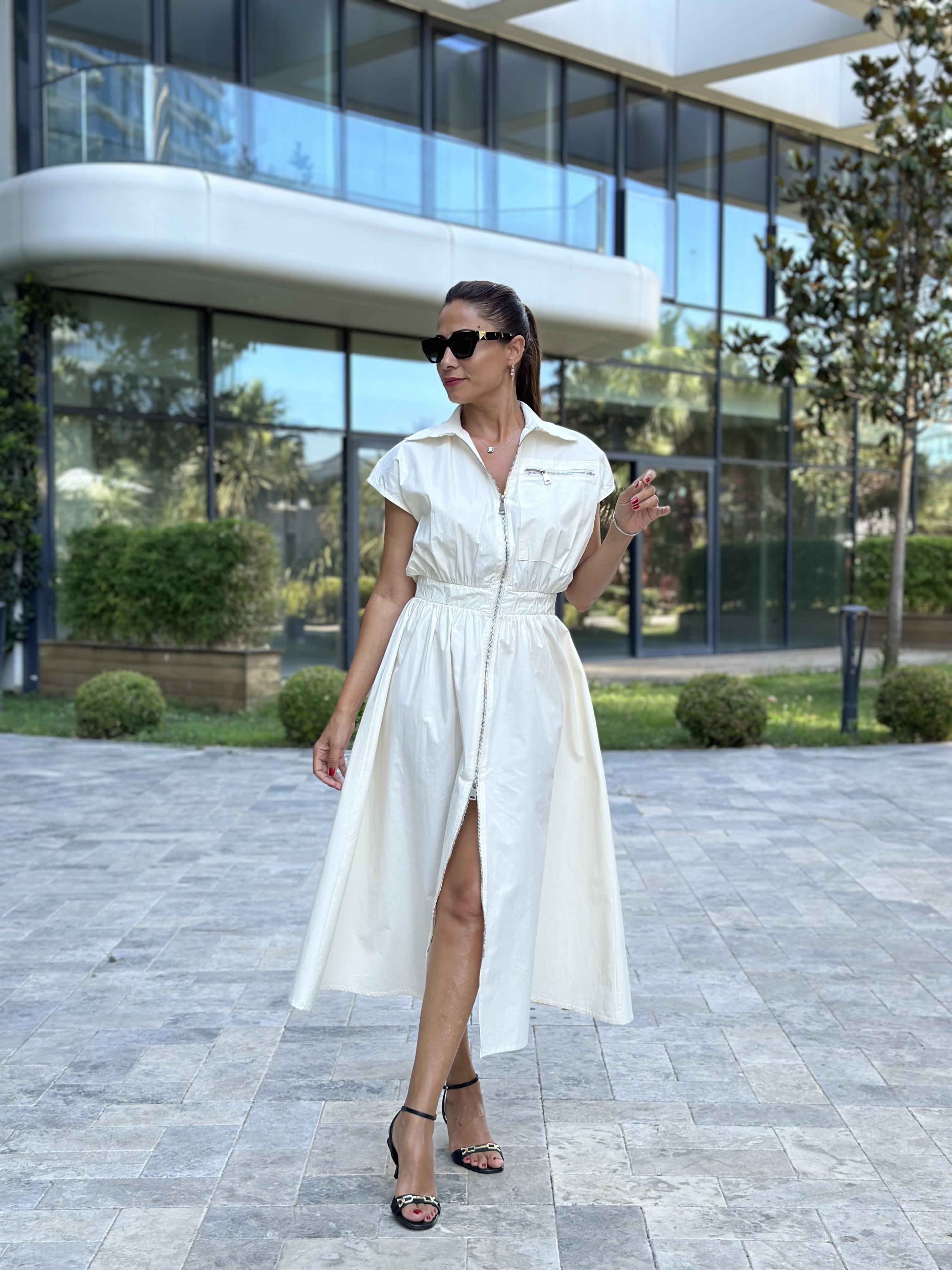 Bej Önü Ve Cebi Fermuarlı Midi Boy Kadın Elbise