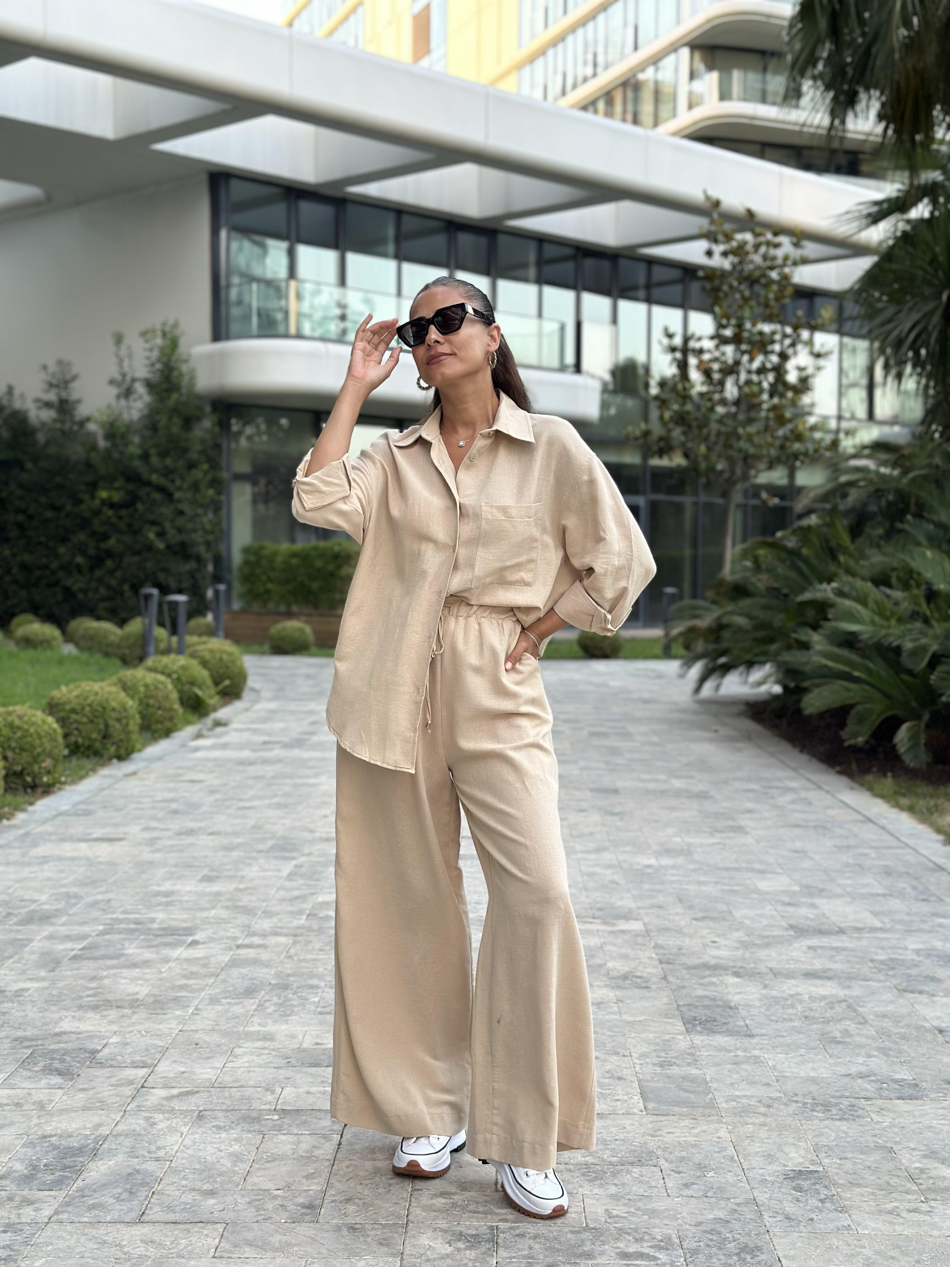 Bej Oysh Model Gömlek Palazzo Pantolon Keten Kadın Alt Üst Takım
