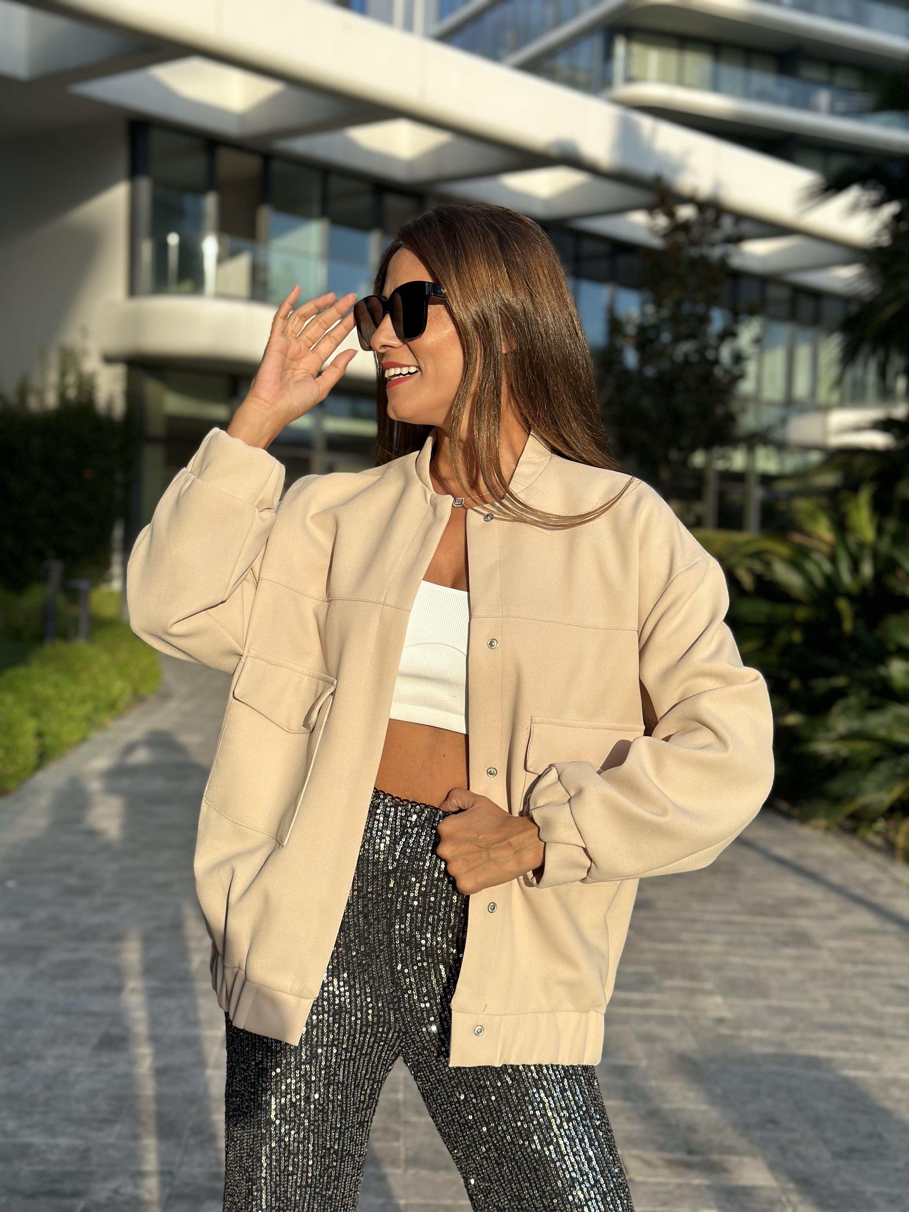 Bej Scuba Krep Uzun Bomber Kadın Ceket