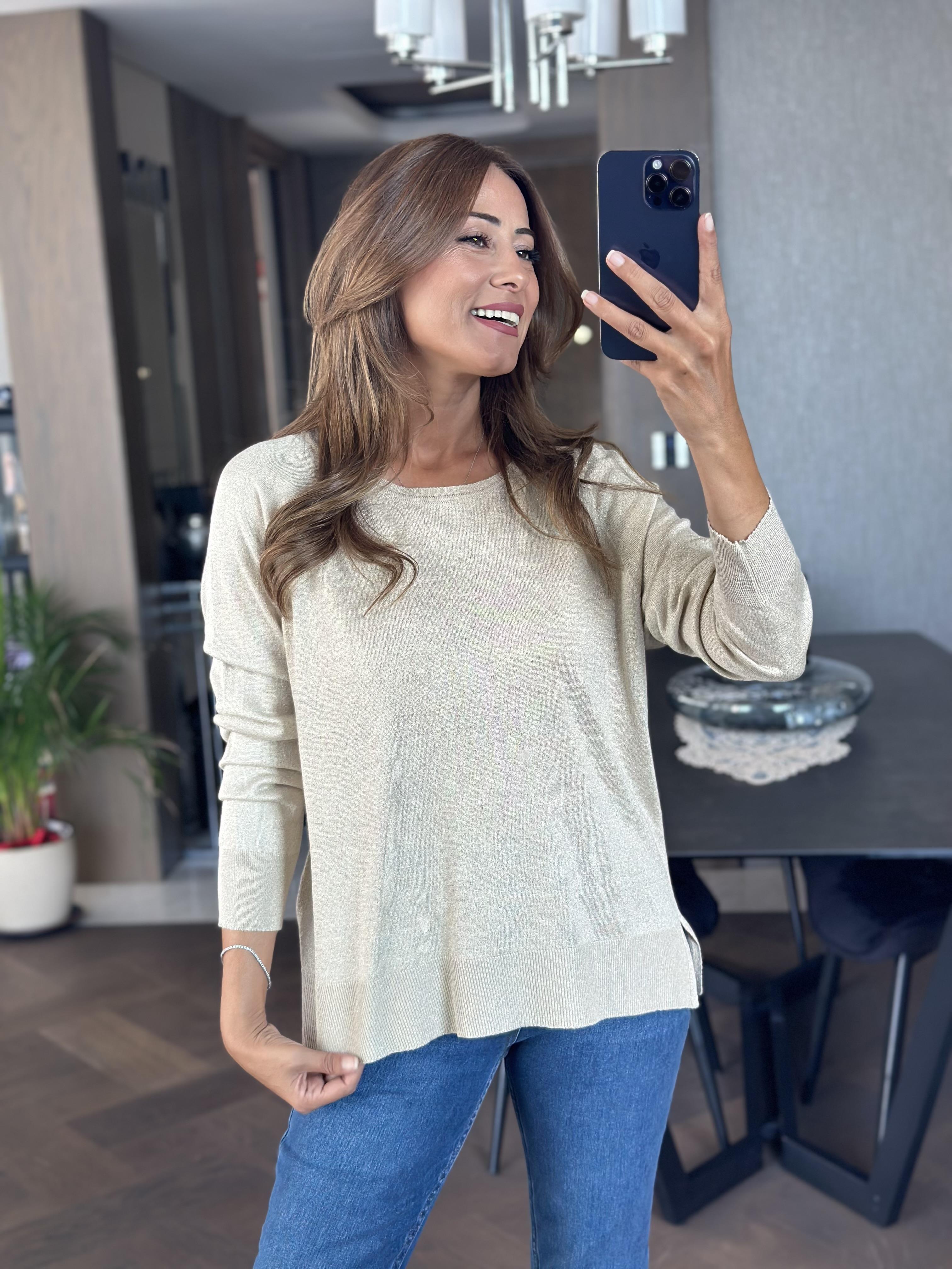 Bej Simli Bisiklet Yaka Uzun Kol Dilvn Düz Merserize Kadın Bluz