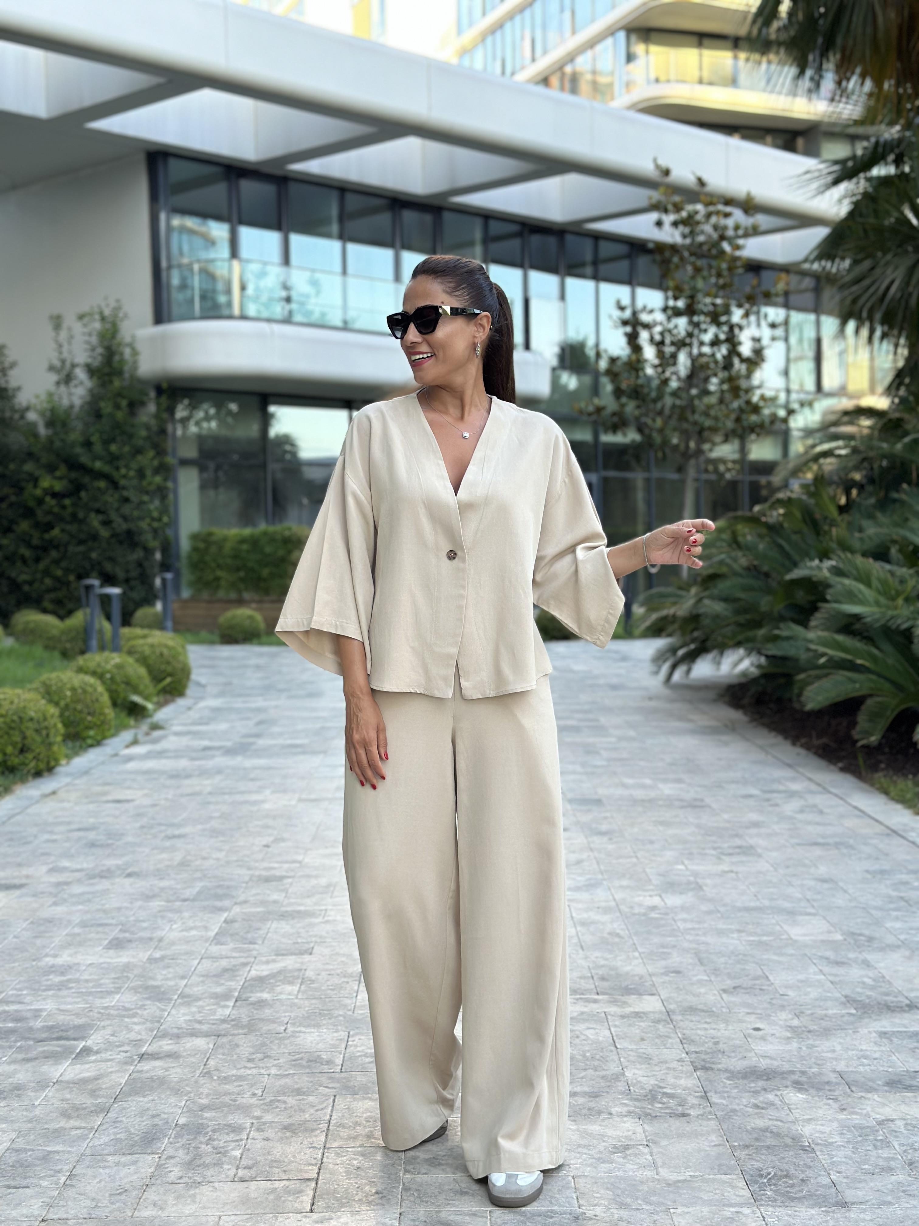 Bej Tek Düğmeli Kimono Pantolon Keten Kadın Alt Üst Takım