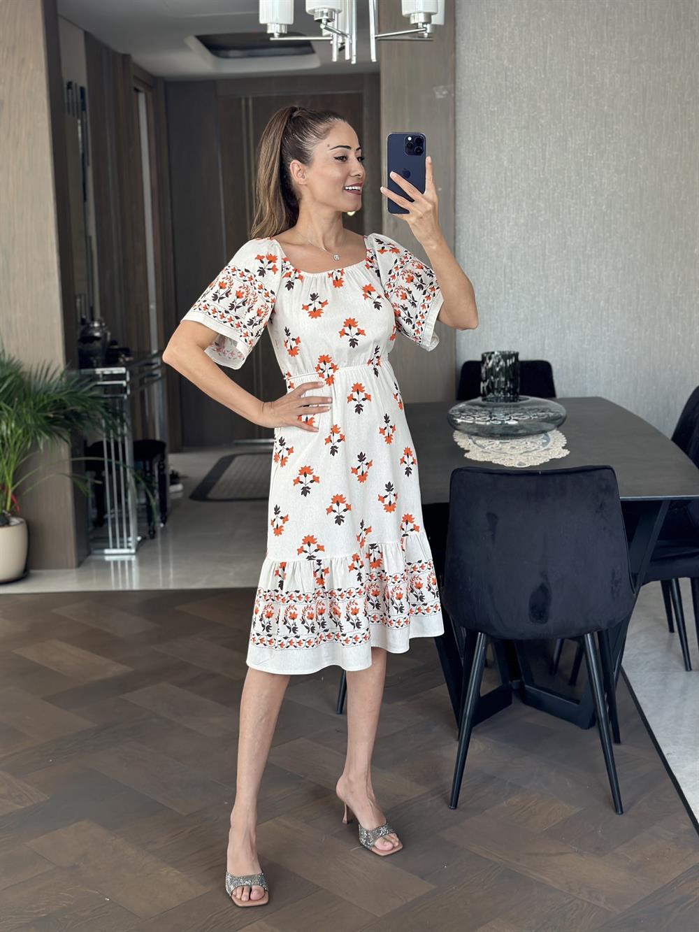 Bej Turuncu Çiçekli Bel Ve Omuz Lastikli Keten Kadın Elbise