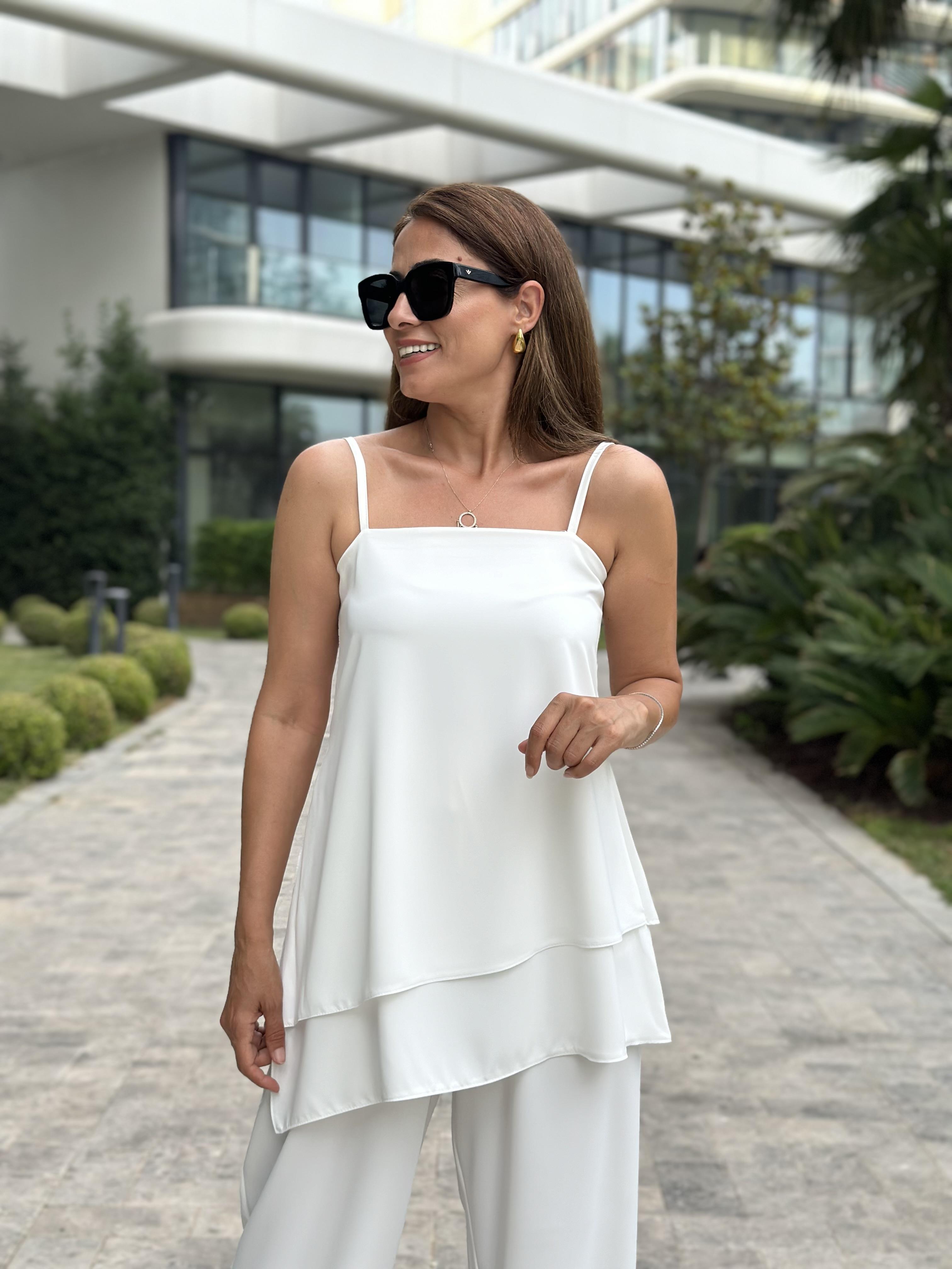 Beyaz Ayarlanabilir Askılı Çift Katlı Bluz Pantolon İkili Kadın Takım