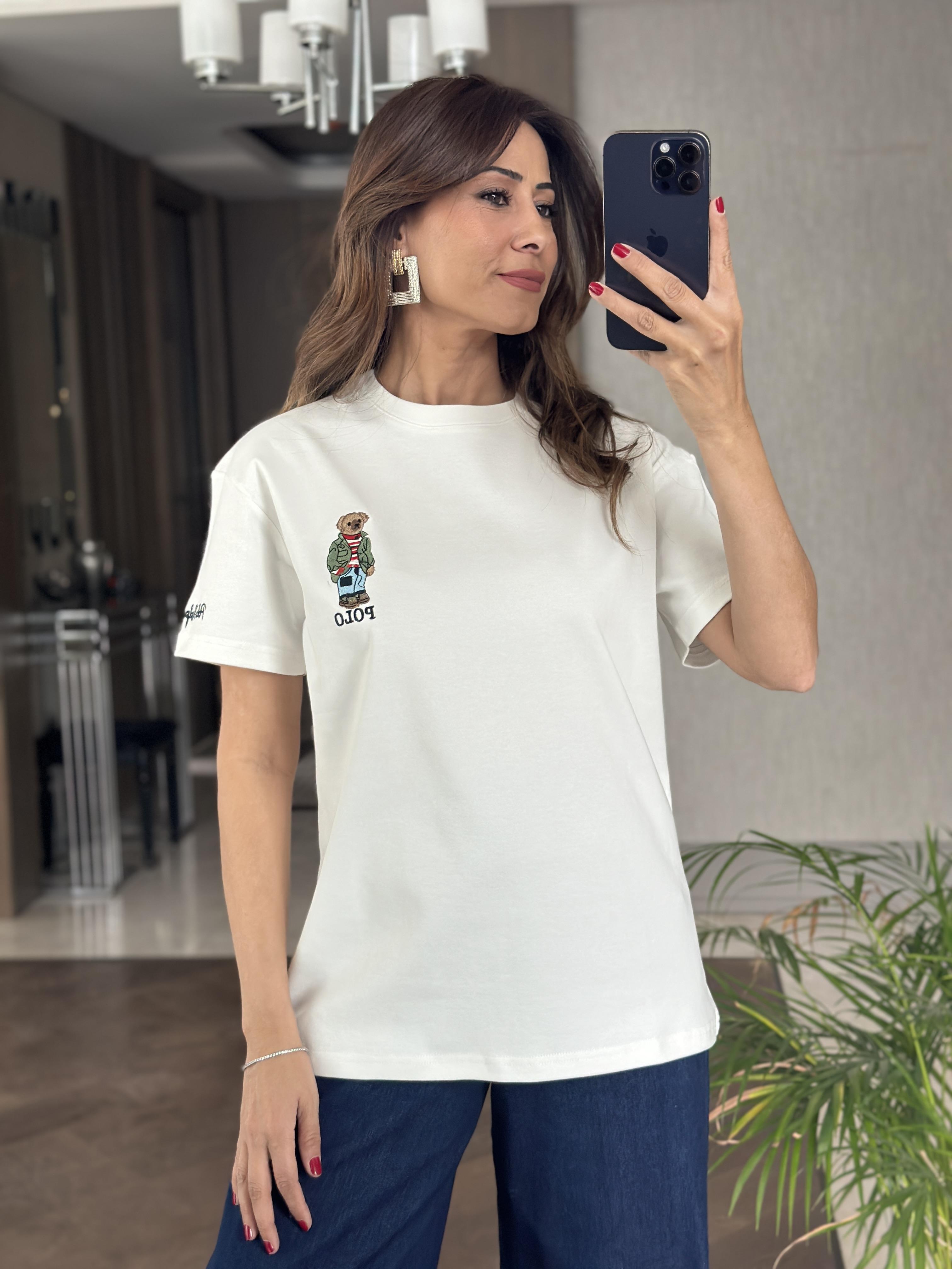Beyaz Bisiklet Yaka Kol Ucu Yazı Nakışlı  Ayıcık RL Kadın T-Shirt 
