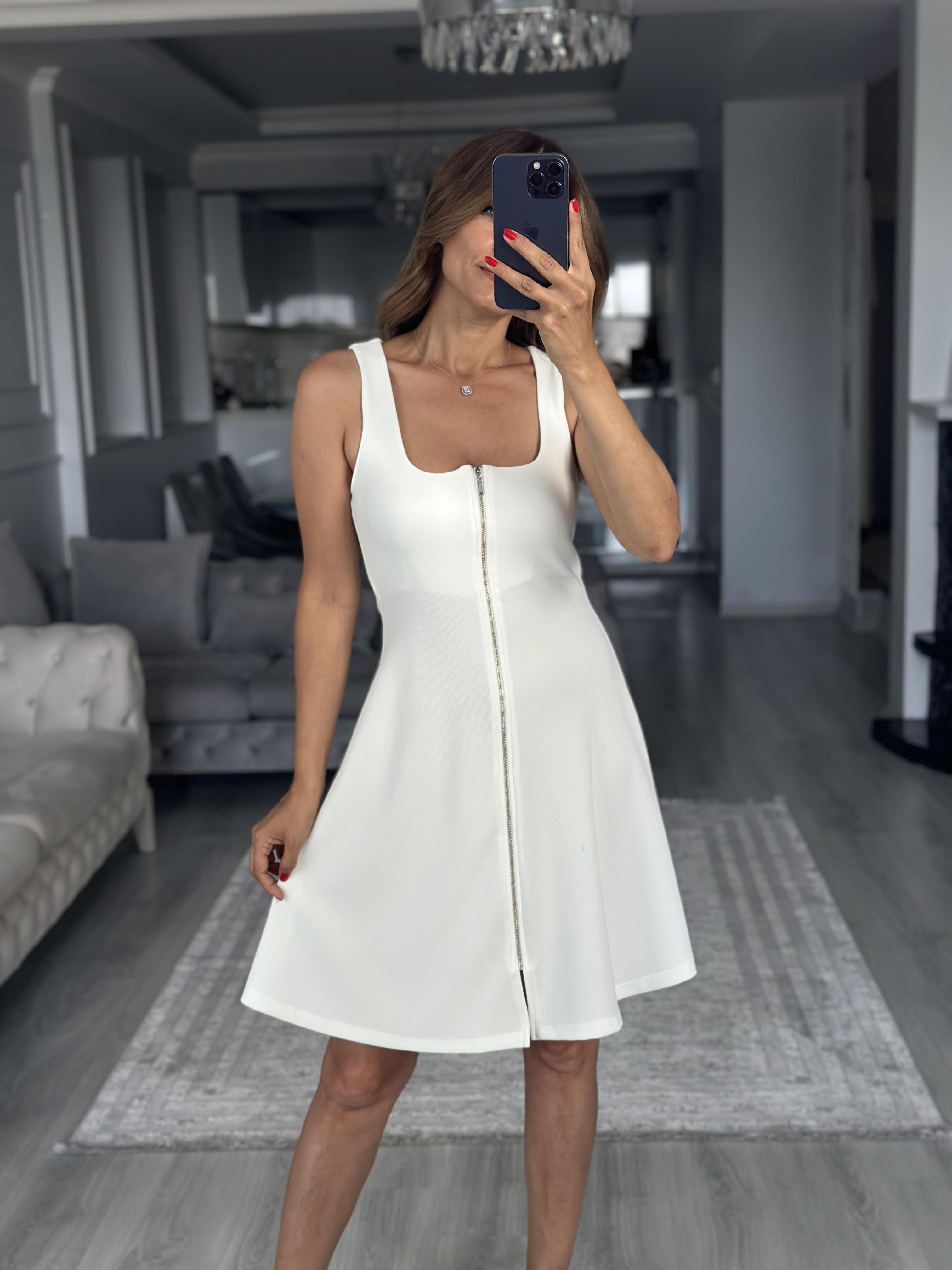 Beyaz Fermuarlı Sıfır Kol Ottoman Kumaş Mini Kadın Elbise