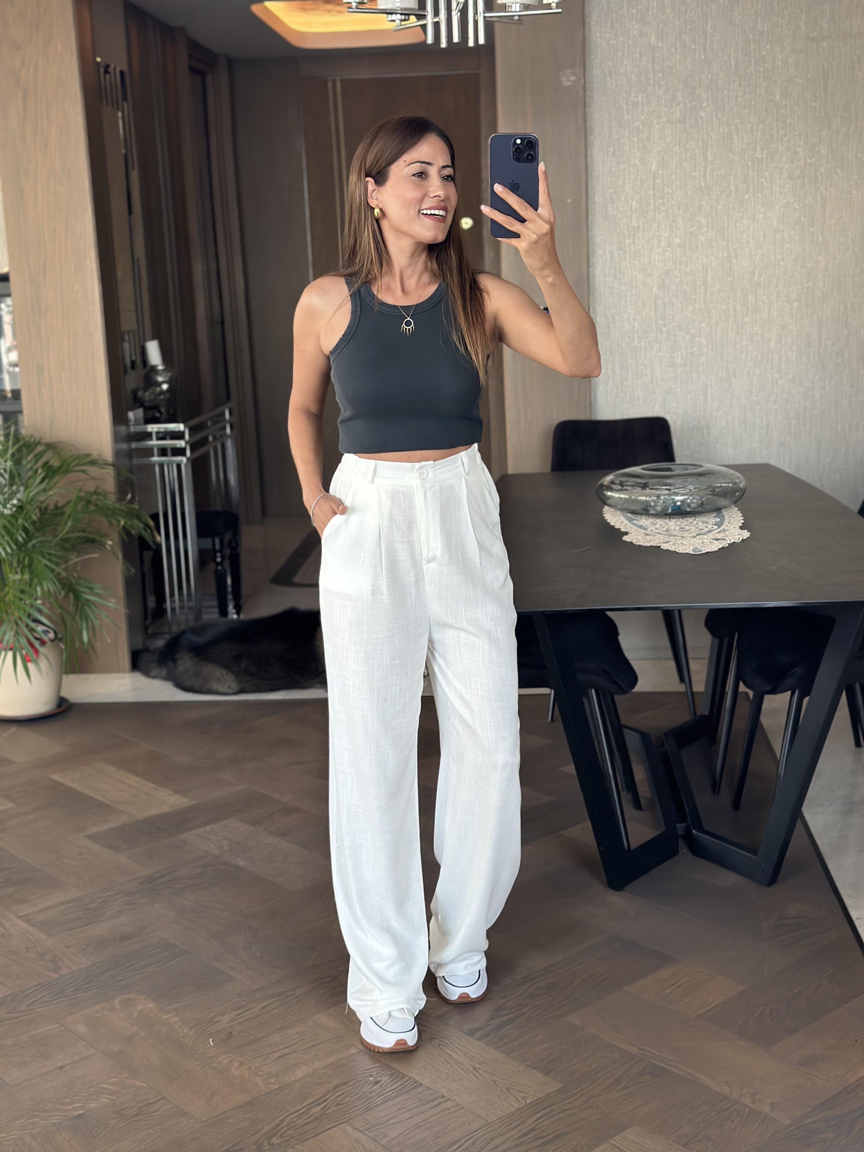 Beyaz Ham Keten Orjinal Marka Yan Beli Lastikli Kadın Pantolon