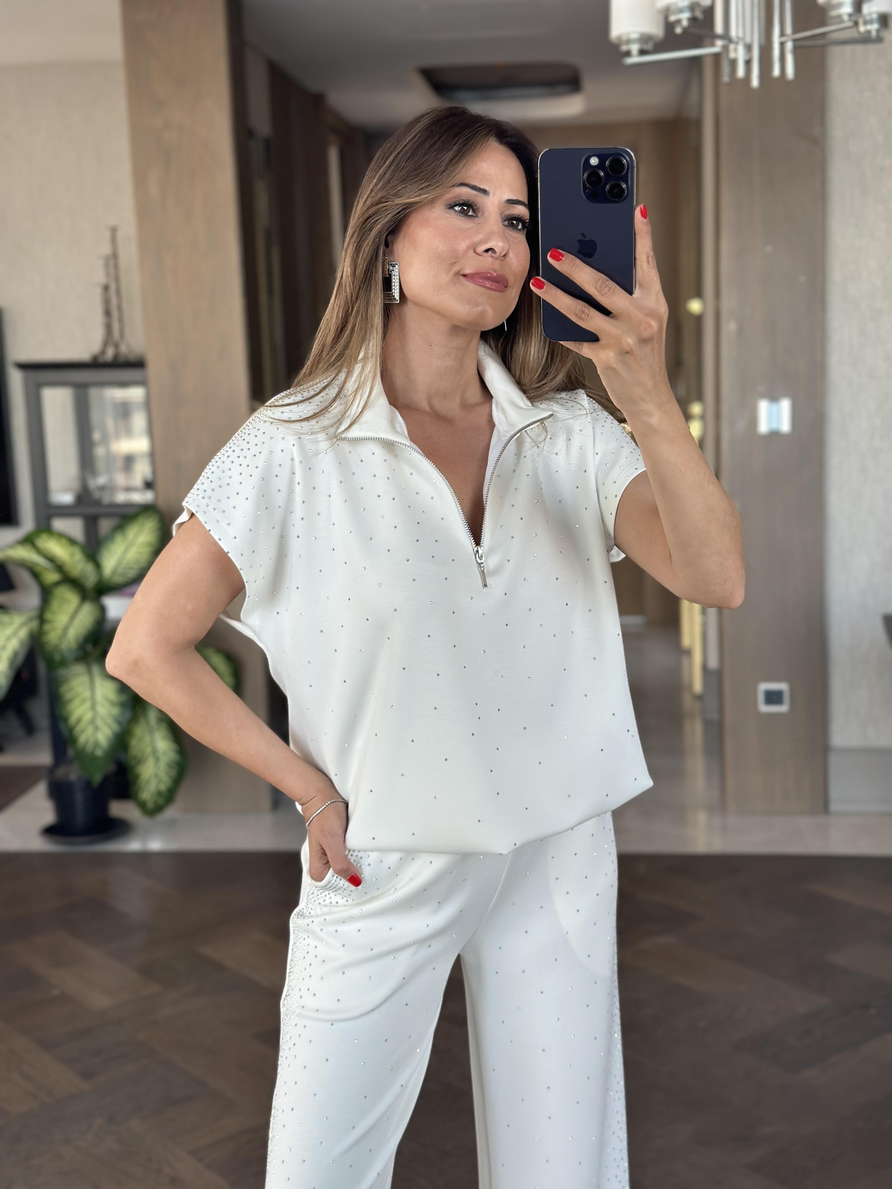 Beyaz Modal Taş Detay Kadın Eşofman Takım