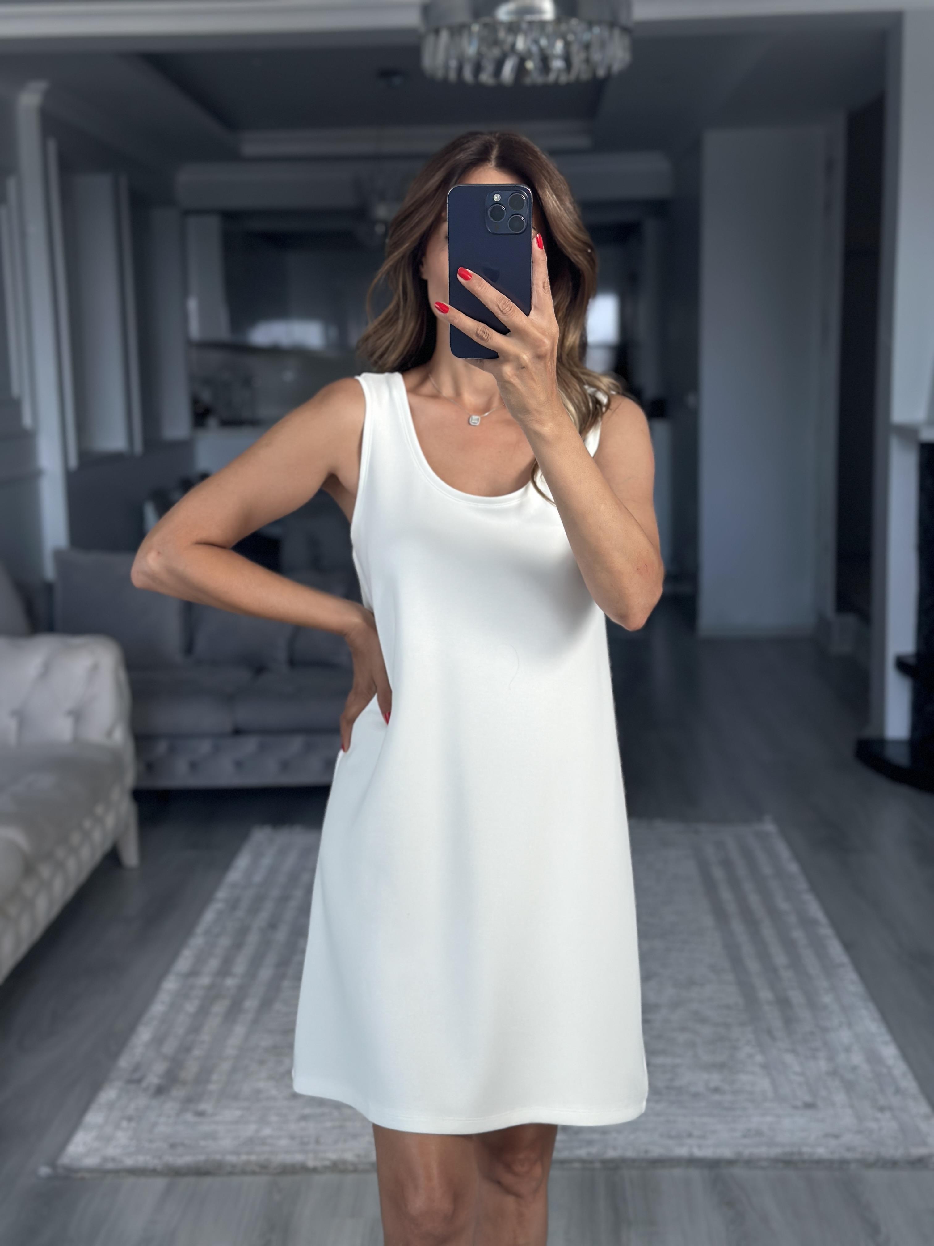 Beyaz Ön Arka U Yaka  Basic Mini Kadın Elbise