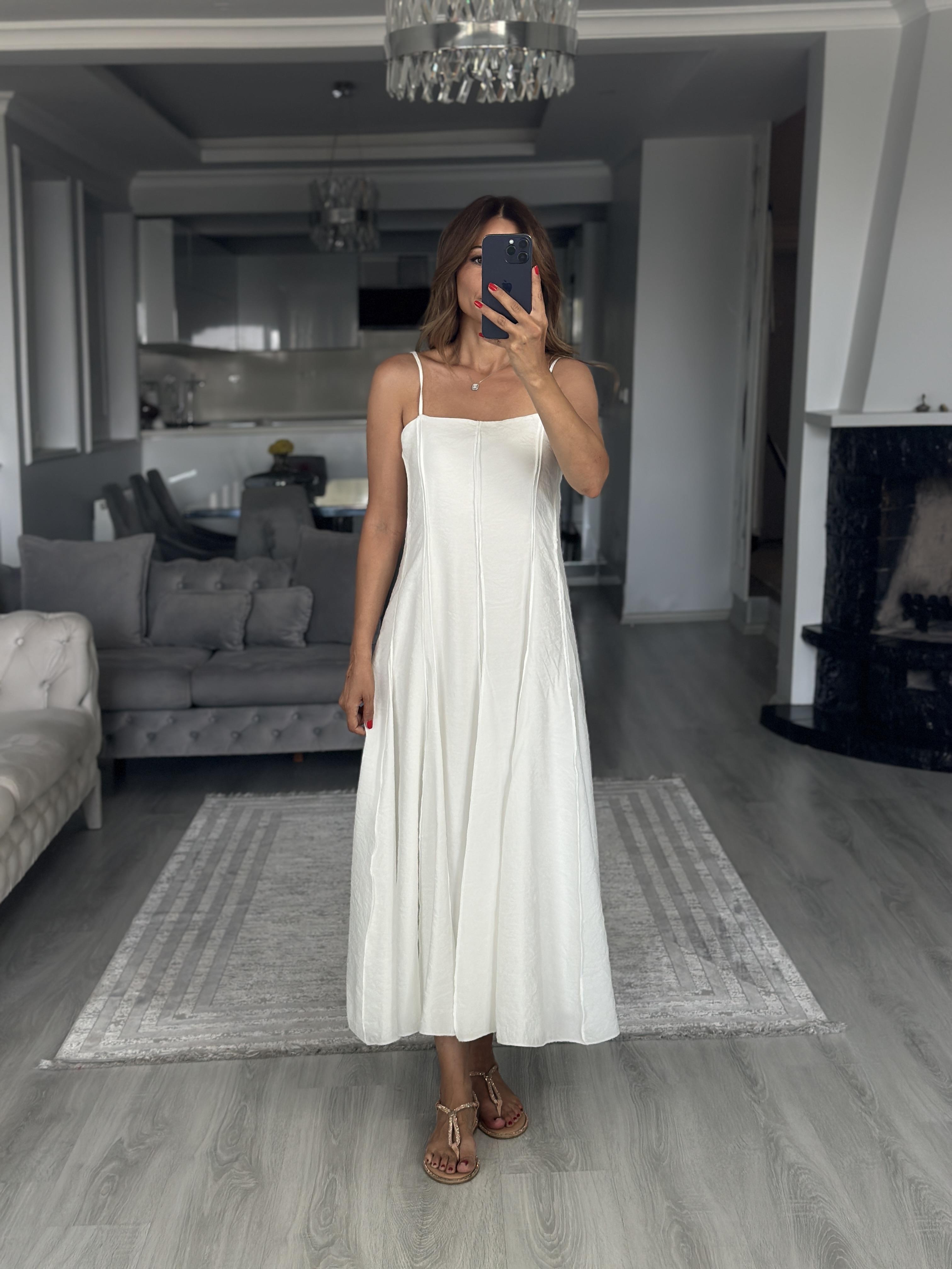 Beyaz Straplez Yaka İnce Askılı Midi Boy Kadın Elbise