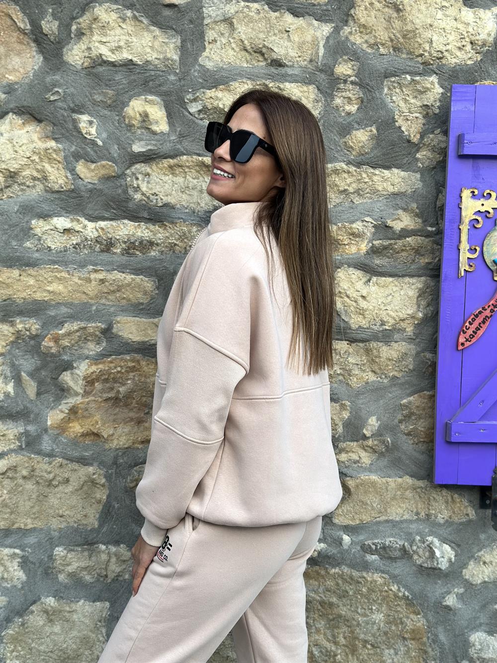 Bisküvi Yarım Fermuarlı 98 Baskılı Üç İplik Kadın Eşofman Takımı