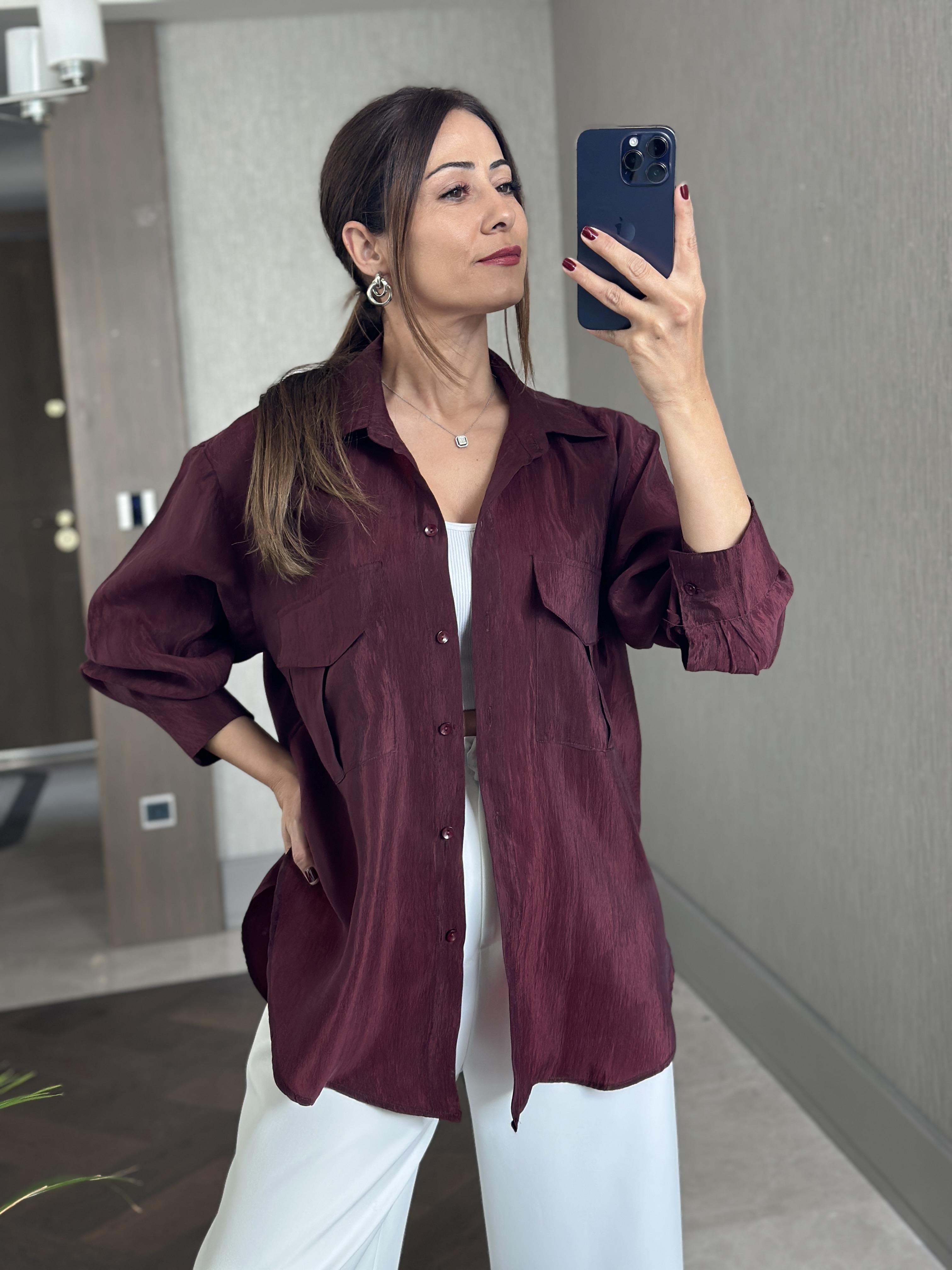 Bordo Cepleri Kapaklı Uzun Kol Kadın Saten Gömlek