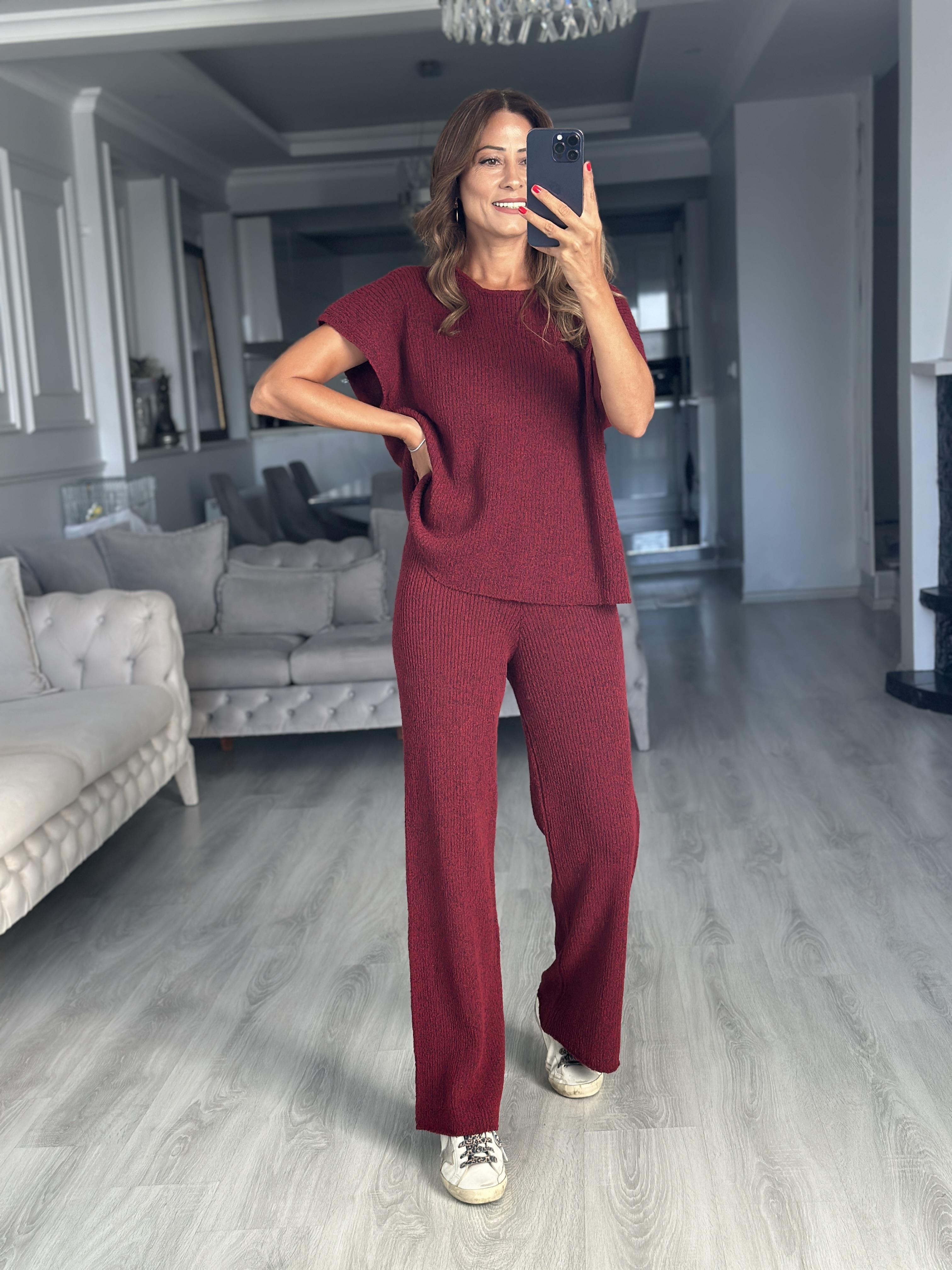 Bordo Düşük Kol Bluz Pantolon Kadın Triko İkili Takım