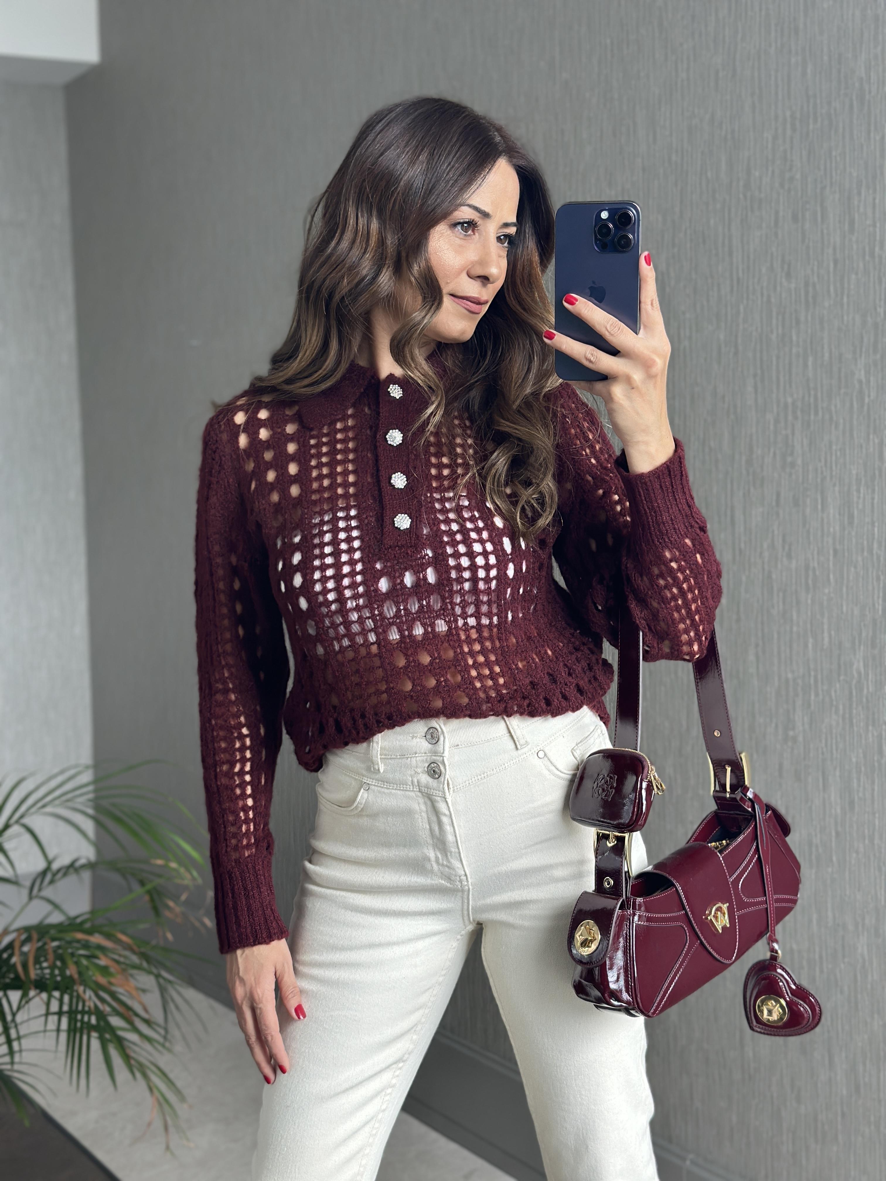 Bordo  File Örgü Polo Yaka Düğmeli Kadın Triko Kazak